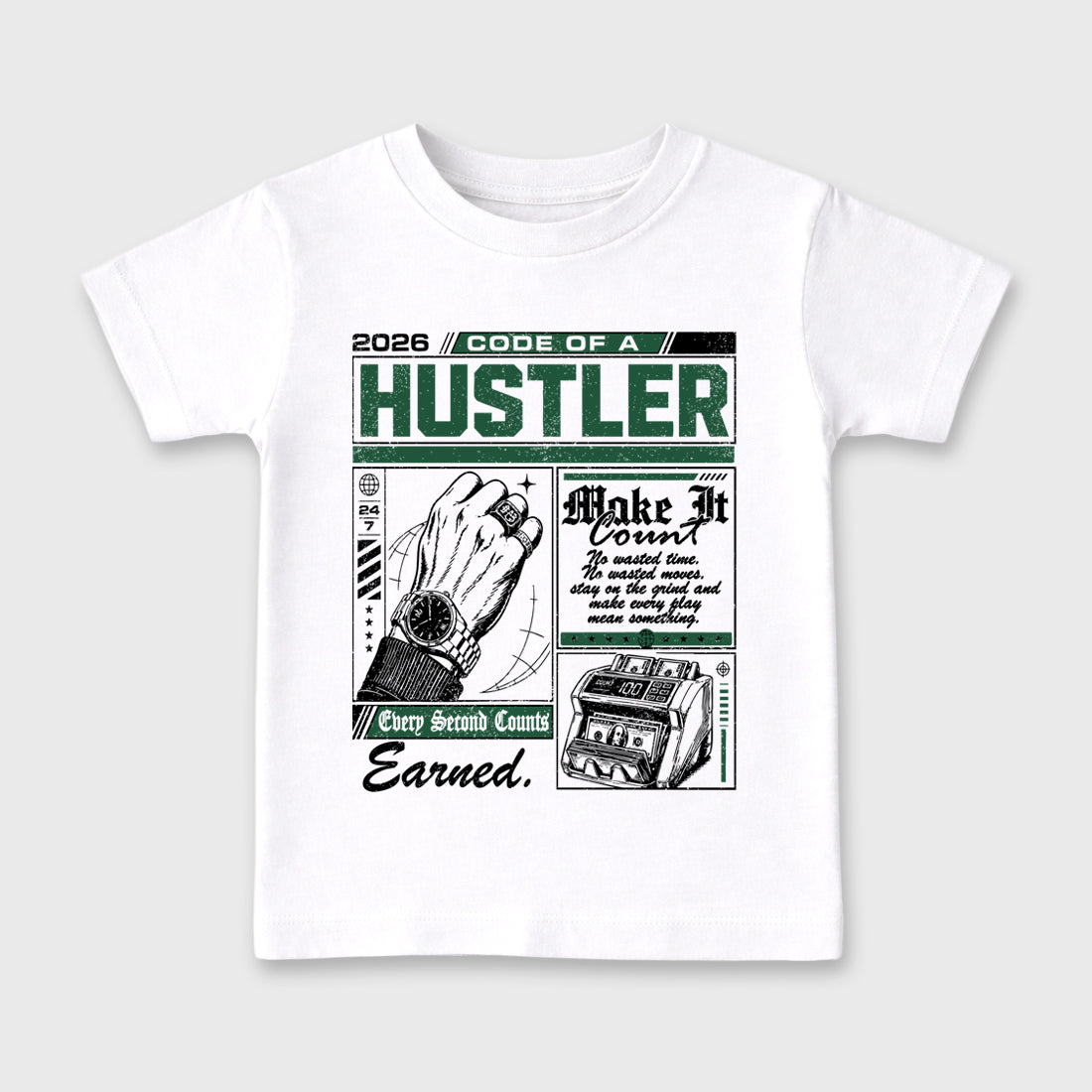 Code of a Hustler Baby & Kids Graphic T-Shirt featuring original artwork designed to match the Air Jordan 12 Summit Green. White 2 Kids Graphic Tee.
