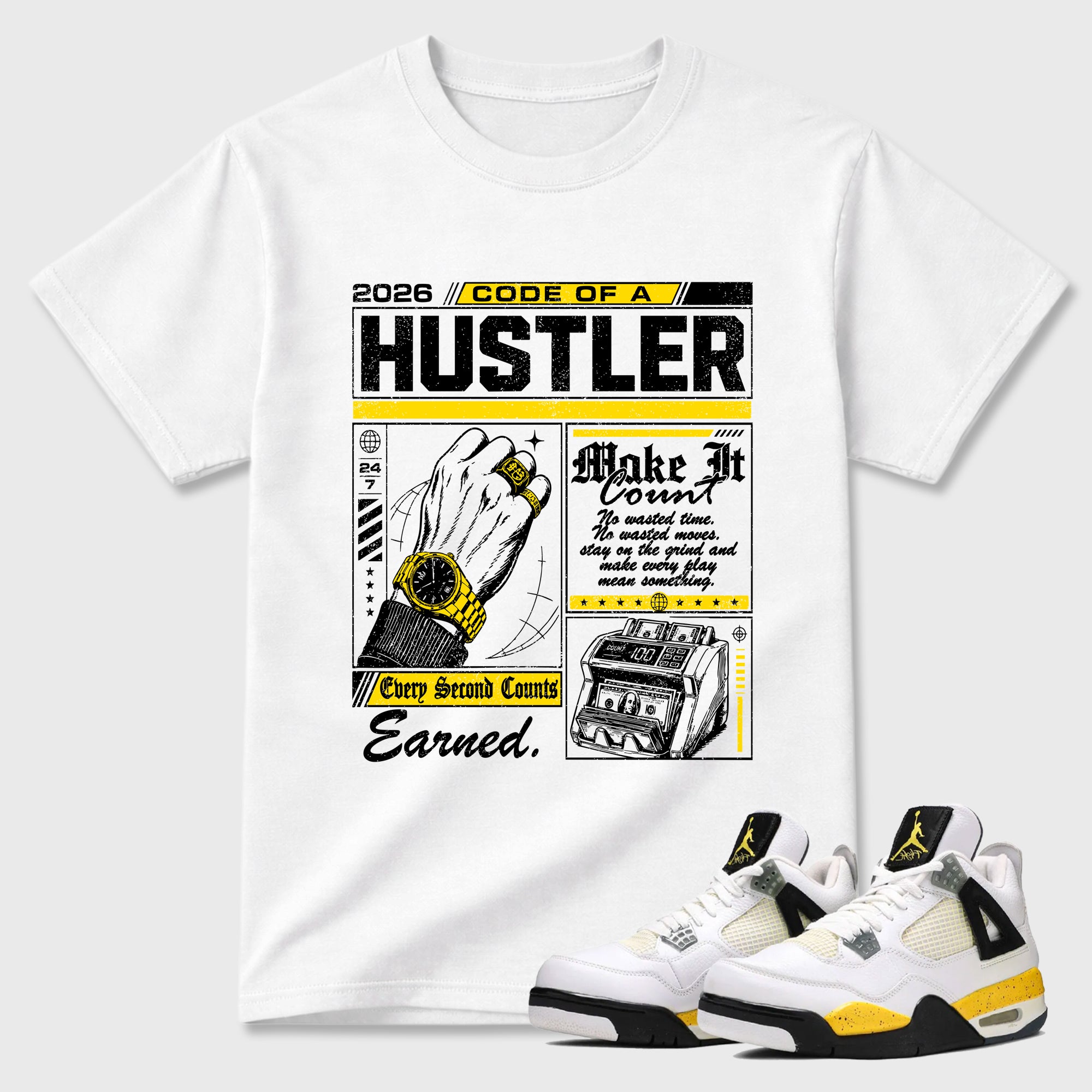 Code of a Hustler Graphic T-Shirt featuring original streetwear artwork designed to match the Air Jordan 4 Tour Yellow. White 1 Graphic T-Shirt.