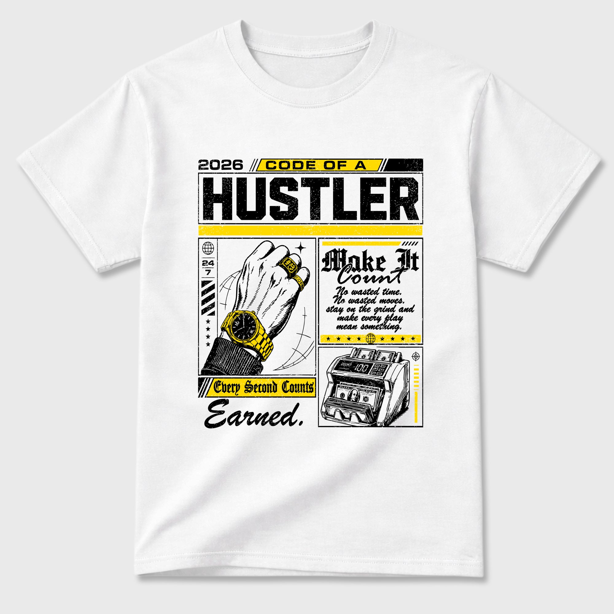 Code of a Hustler Graphic T-Shirt featuring original streetwear artwork designed to match the Air Jordan 4 Tour Yellow. White 2 Graphic T-Shirt.