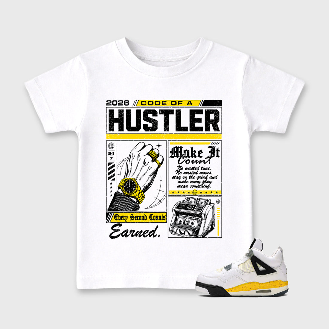 Code of a Hustler Baby & Kids Graphic T-Shirt featuring original artwork designed to match the Air Jordan 4 Tour Yellow. White 1 Kids Graphic Tee.