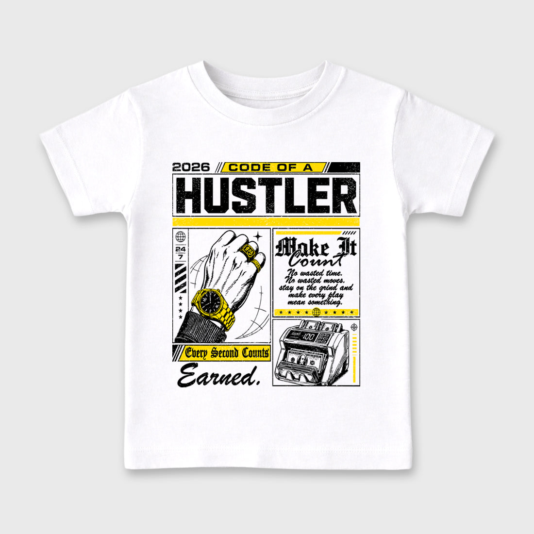 Code of a Hustler Baby & Kids Graphic T-Shirt featuring original artwork designed to match the Air Jordan 4 Tour Yellow. White 2 Kids Graphic Tee.