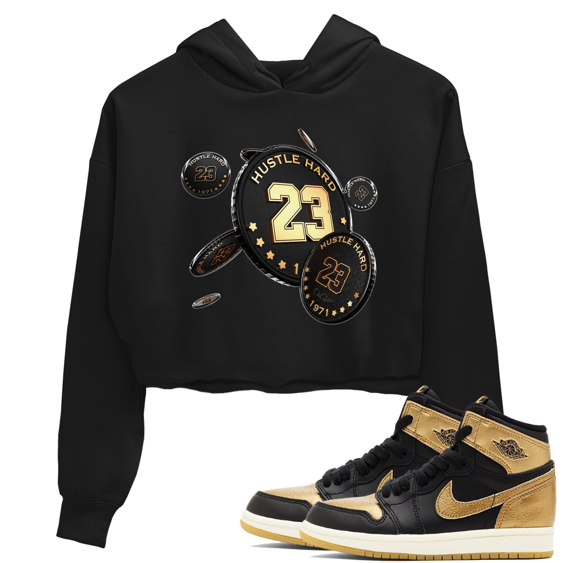 1s Black Metallic Gold shirts to match jordans Coin Drop sneaker match tees Air Jordan 1 Black Metallic Gold SNRT Sneaker Tees streetwear brand Black 1 crop tee