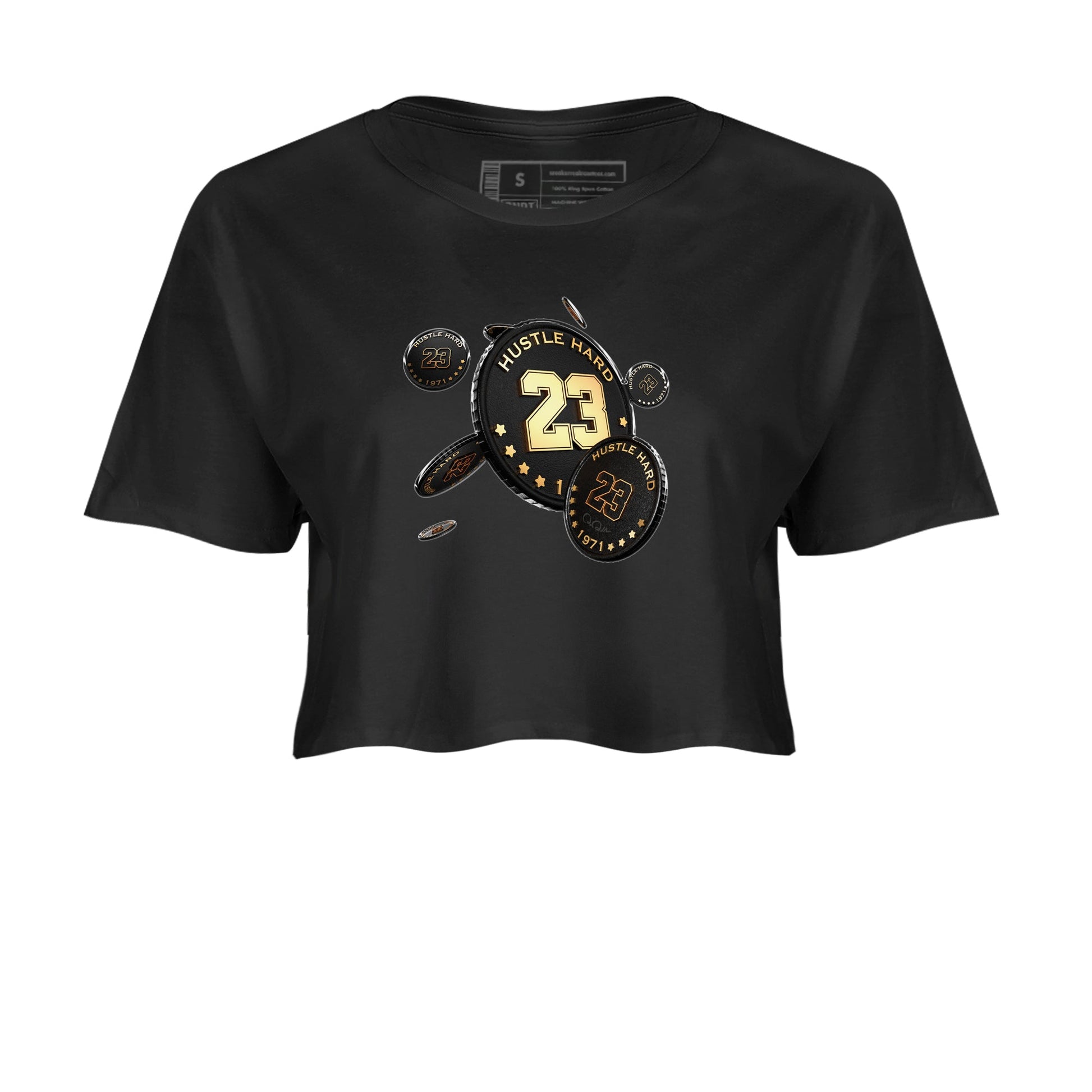 1s Black Metallic Gold shirts to match jordans Coin Drop sneaker match tees Air Jordan 1 Black Metallic Gold SNRT Sneaker Tees streetwear brand Black 2 crop tee