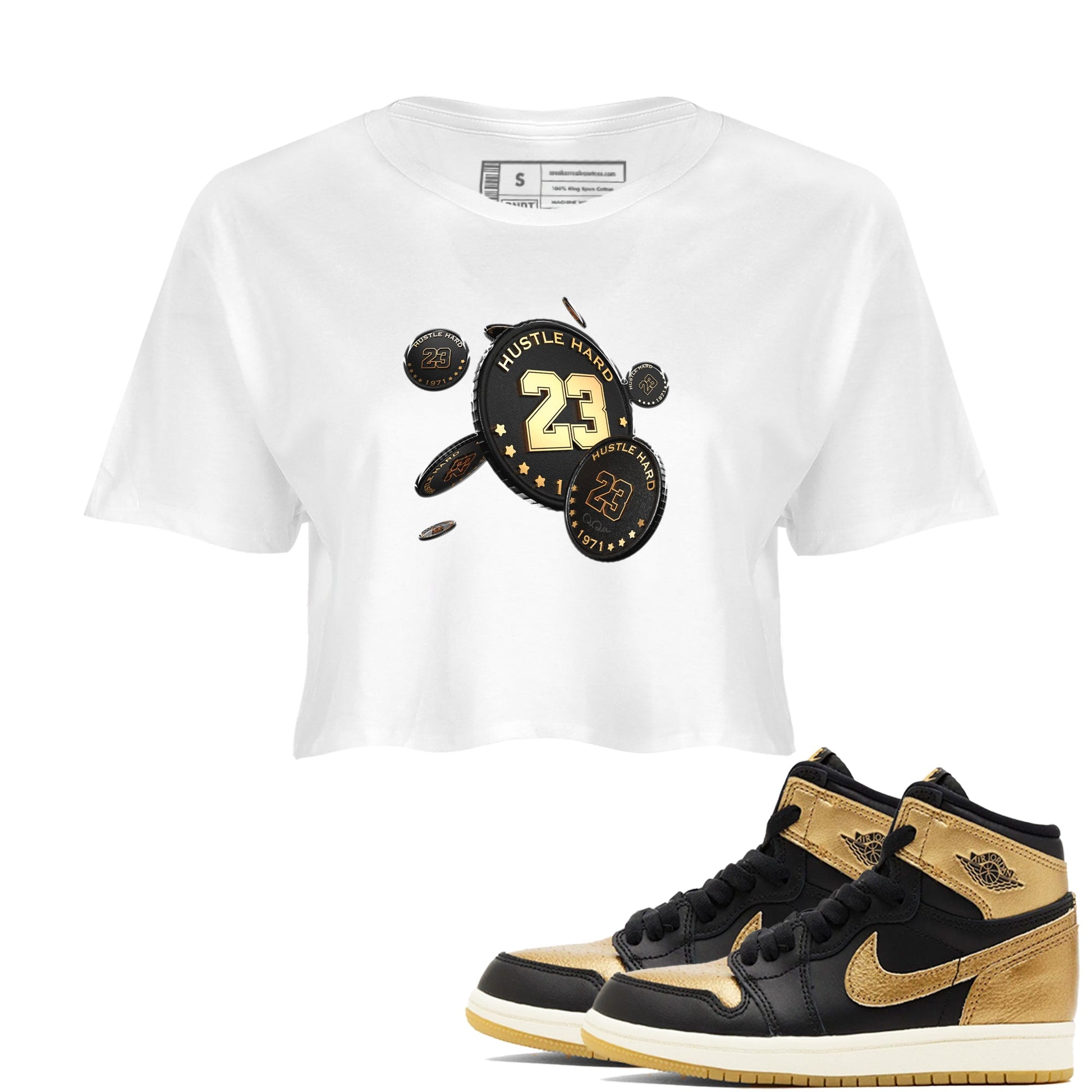 1s Black Metallic Gold shirts to match jordans Coin Drop sneaker match tees Air Jordan 1 Black Metallic Gold SNRT Sneaker Tees streetwear brand White 1 crop tee
