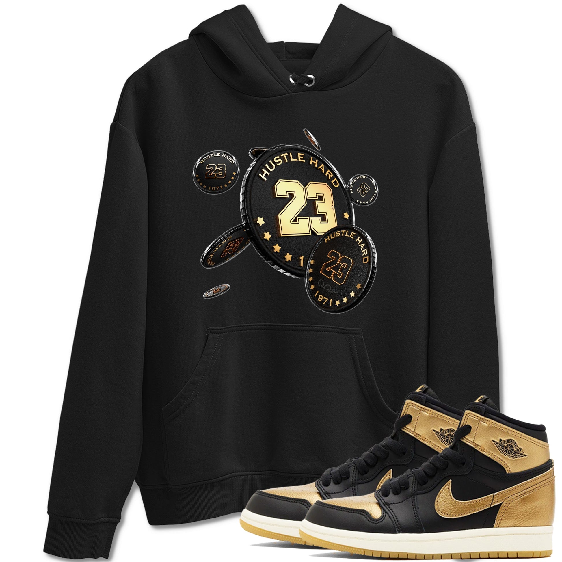 1s Black Metallic Gold shirts to match jordans Coin Drop sneaker match tees Air Jordan 1 Black Metallic Gold SNRT Sneaker Tees streetwear brand Black 1 unisex cotton tee
