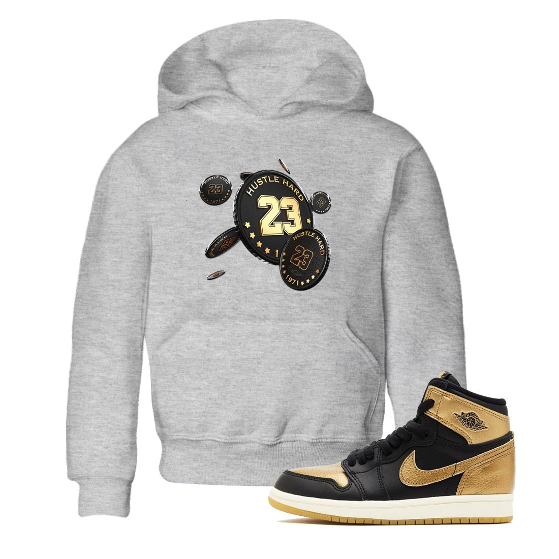 1s Black Metallic Gold shirts to match jordans Coin Drop sneaker match tees Air Jordan 1 Black Metallic Gold SNRT Sneaker Tees streetwear brand Baby and Youth Heather Grey 1 cotton tee