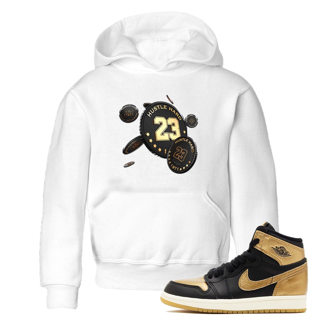 1s Black Metallic Gold shirts to match jordans Coin Drop sneaker match tees Air Jordan 1 Black Metallic Gold SNRT Sneaker Tees streetwear brand Baby and Youth White 1 cotton tee