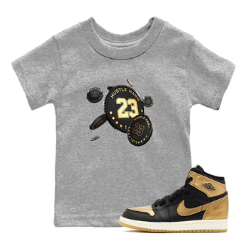 1s Black Metallic Gold shirts to match jordans Coin Drop sneaker match tees Air Jordan 1 Black Metallic Gold SNRT Sneaker Tees streetwear brand Baby and Youth Heather Grey 1 cotton tee