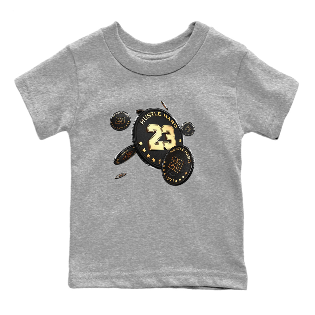 1s Black Metallic Gold shirts to match jordans Coin Drop sneaker match tees Air Jordan 1 Black Metallic Gold SNRT Sneaker Tees streetwear brand Baby and Youth Heather Grey 2 cotton tee