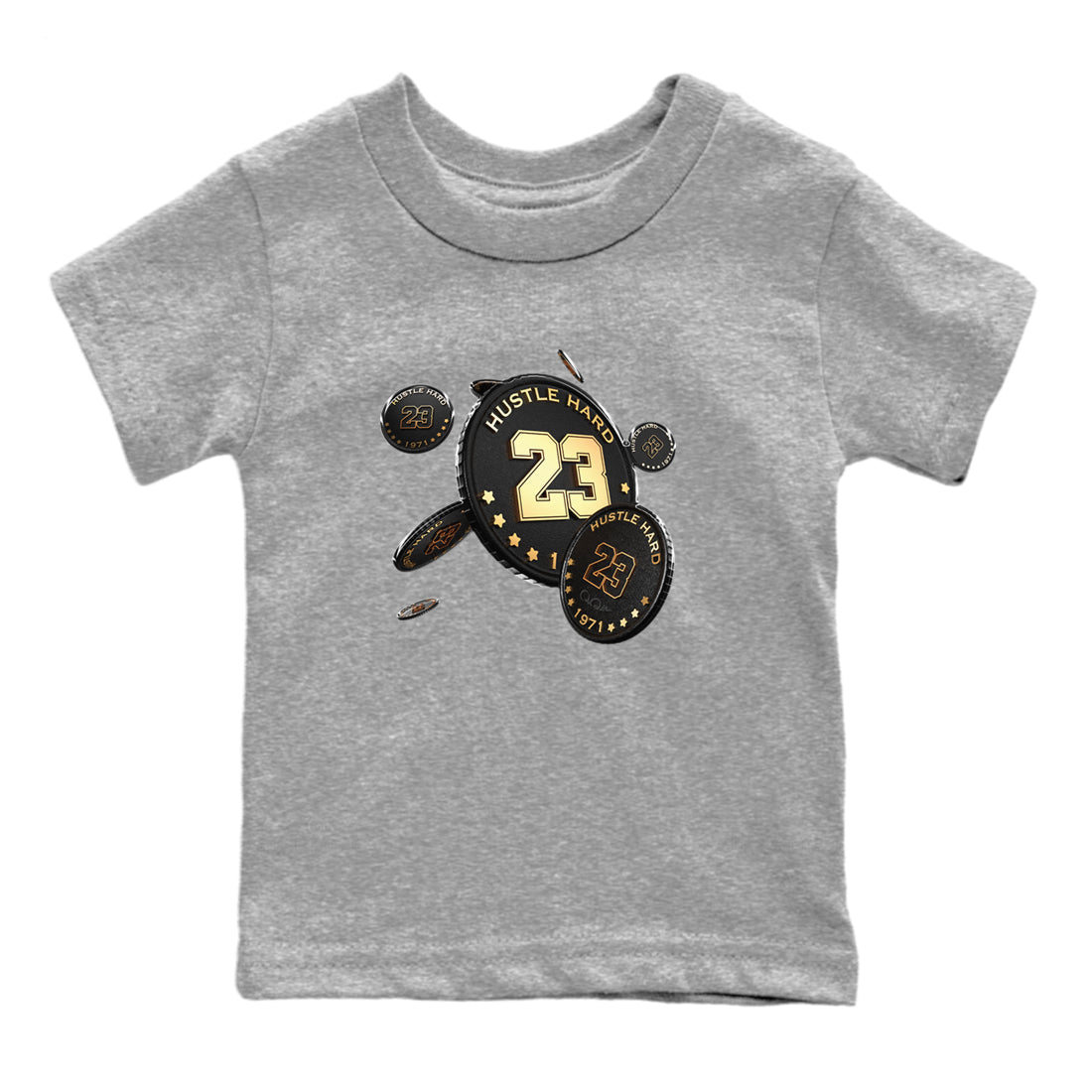 1s Black Metallic Gold shirts to match jordans Coin Drop sneaker match tees Air Jordan 1 Black Metallic Gold SNRT Sneaker Tees streetwear brand Baby and Youth Heather Grey 2 cotton tee
