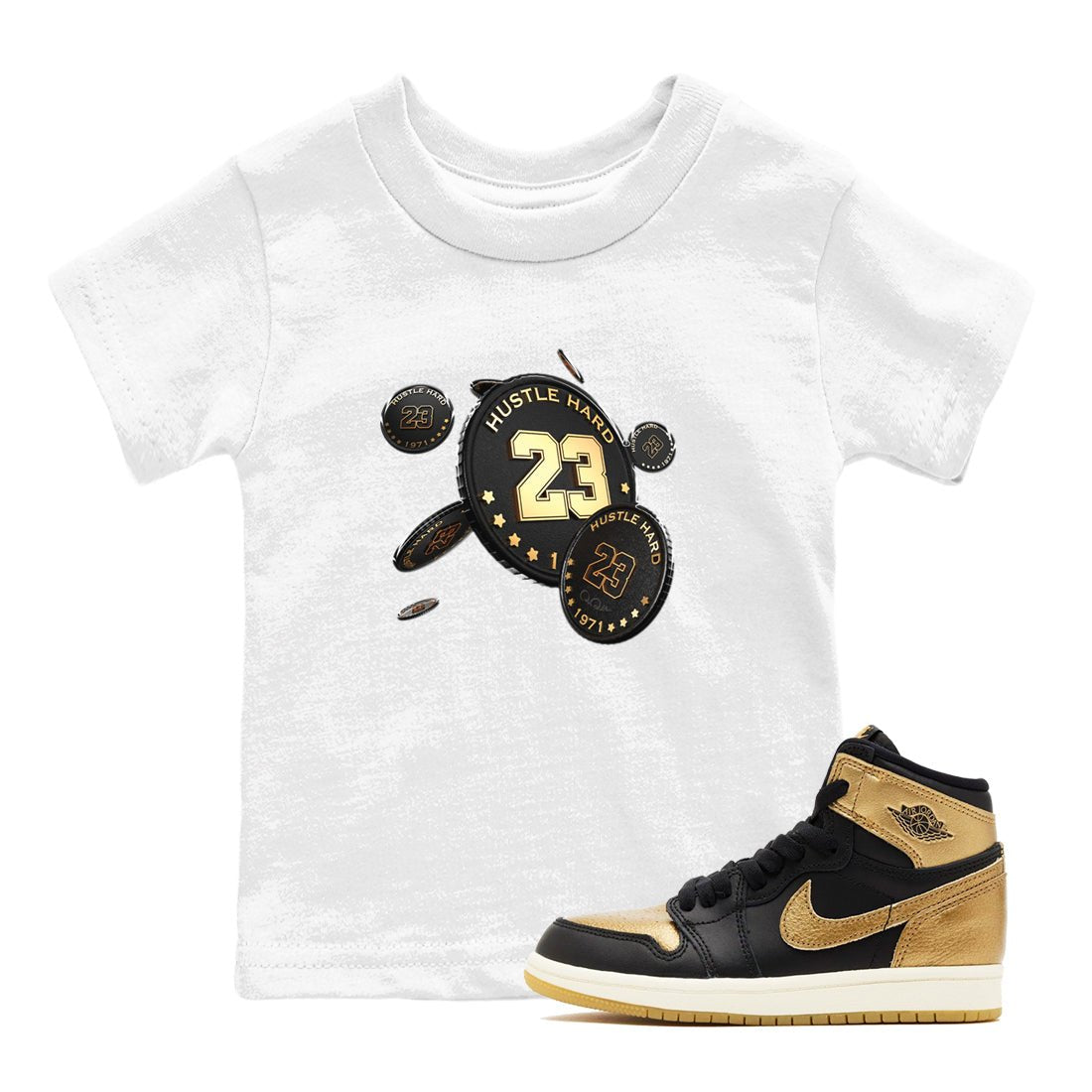 1s Black Metallic Gold shirts to match jordans Coin Drop sneaker match tees Air Jordan 1 Black Metallic Gold SNRT Sneaker Tees streetwear brand Baby and Youth White 1 cotton tee