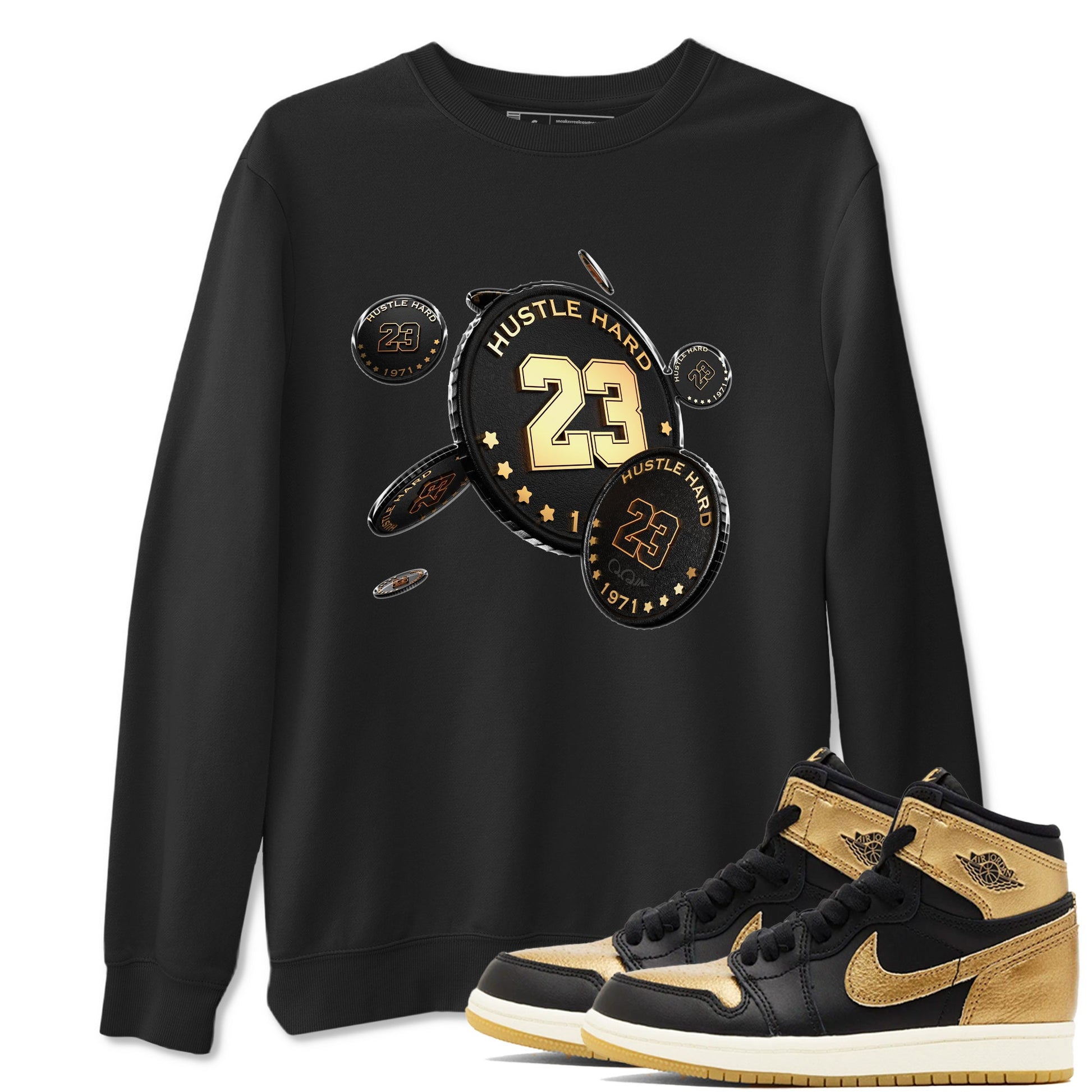 1s Black Metallic Gold shirts to match jordans Coin Drop sneaker match tees Air Jordan 1 Black Metallic Gold SNRT Sneaker Tees streetwear brand Black 1 unisex cotton tee