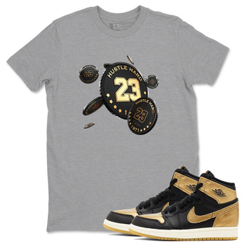 1s Black Metallic Gold shirts to match jordans Coin Drop sneaker match tees Air Jordan 1 Black Metallic Gold SNRT Sneaker Tees streetwear brand Heather Grey 1 unisex cotton tee