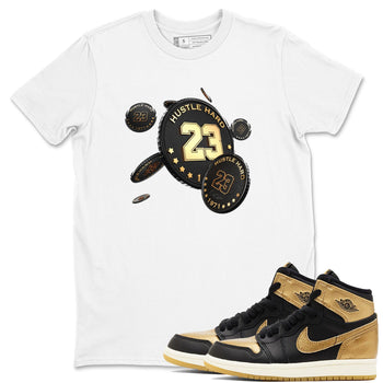 1s Black Metallic Gold shirts to match jordans Coin Drop sneaker match tees Air Jordan 1 Black Metallic Gold SNRT Sneaker Tees streetwear brand White 1 unisex cotton tee