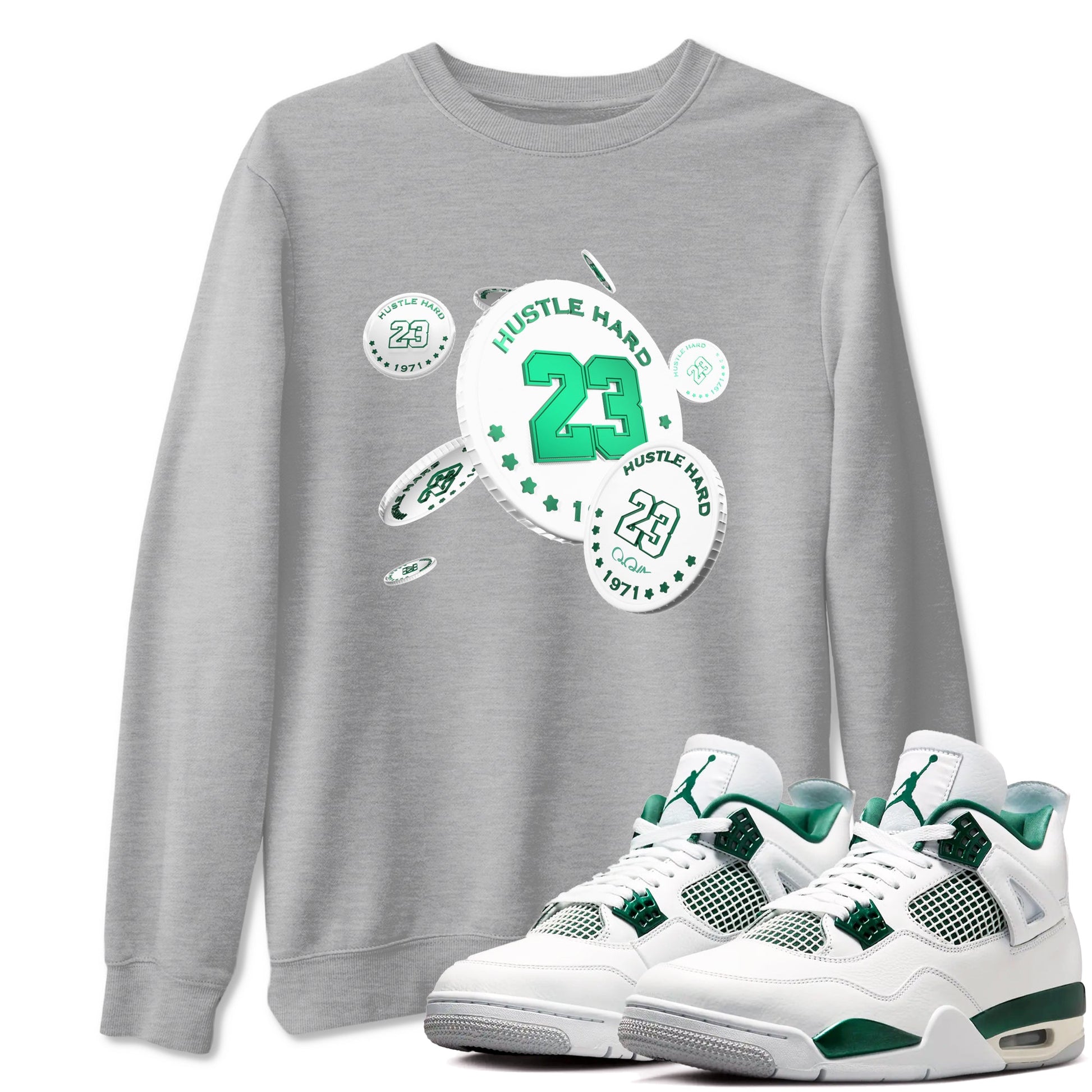 4s Oxidized Green shirts to match jordans Coin Drop sneaker match tees Air Jordan 4 Oxidized Green SNRT Sneaker Tees streetwear brand Heather Grey 1 unisex cotton tee