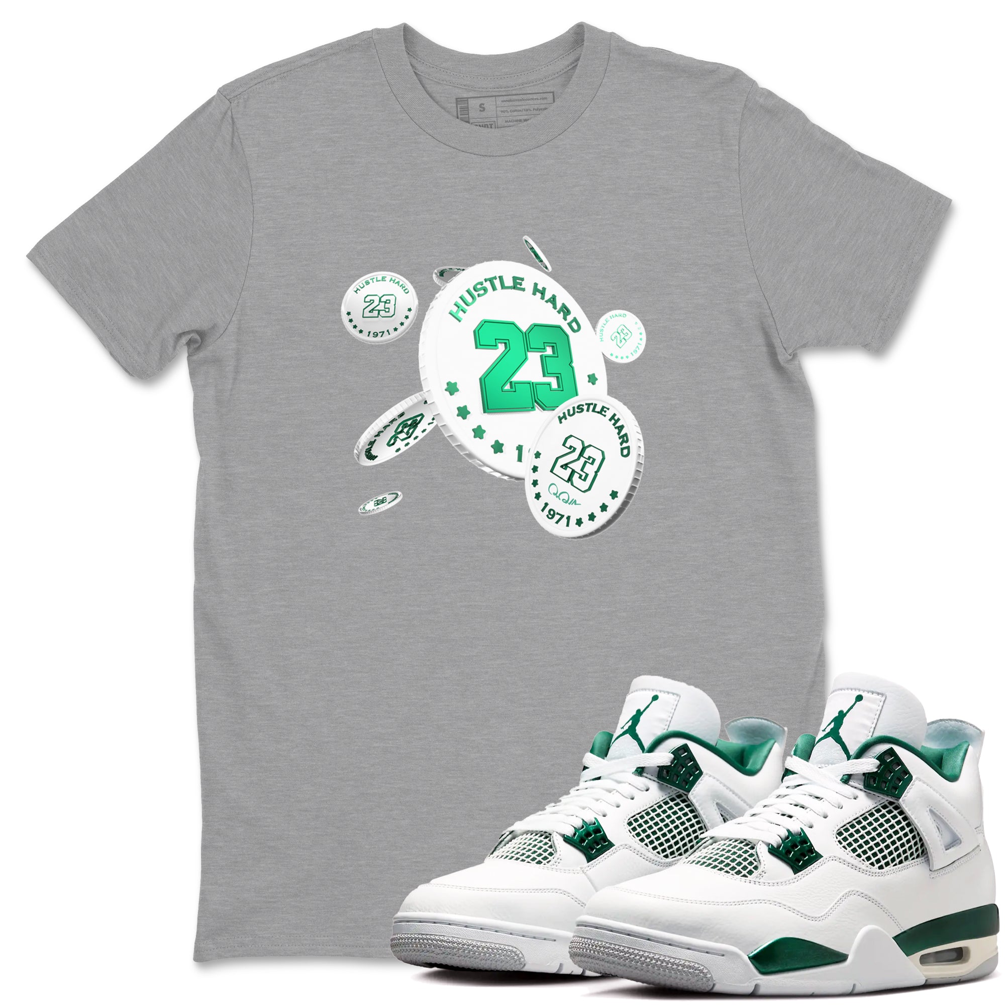 4s Oxidized Green shirts to match jordans Coin Drop sneaker match tees Air Jordan 4 Oxidized Green SNRT Sneaker Tees streetwear brand Heather Grey 1 unisex cotton tee
