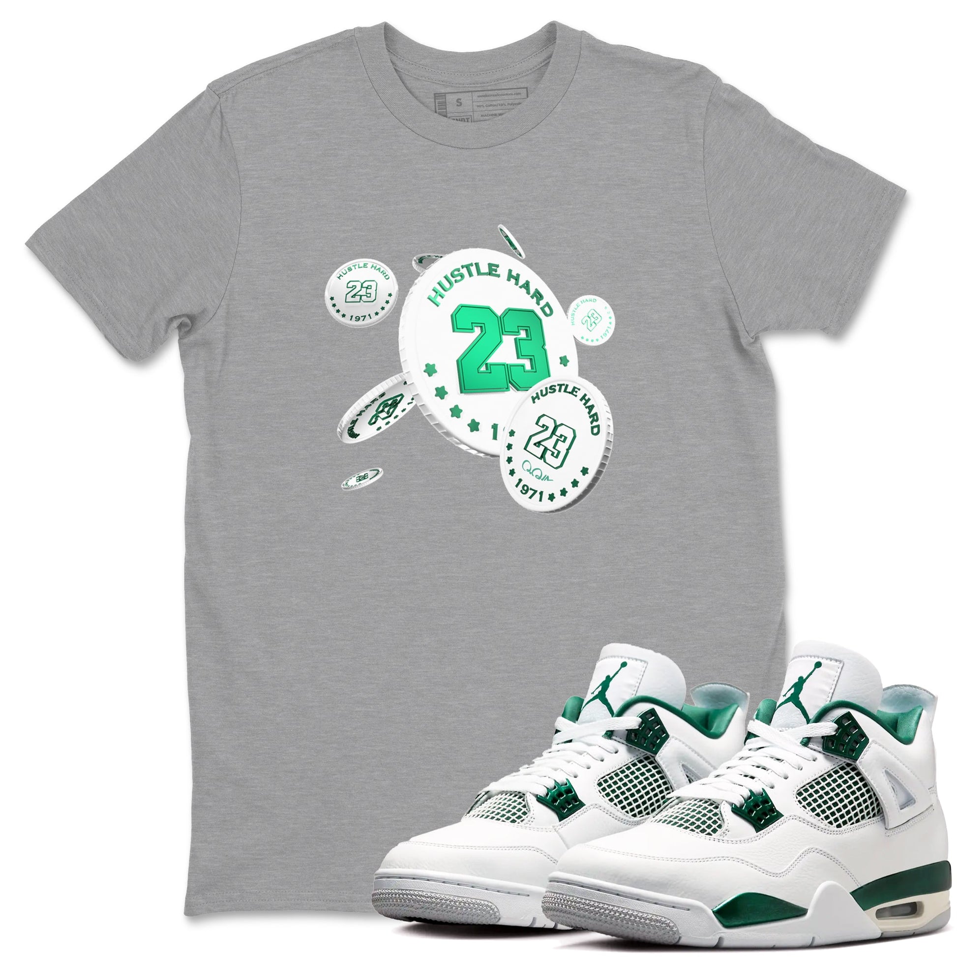 4s Oxidized Green shirts to match jordans Coin Drop sneaker match tees Air Jordan 4 Oxidized Green SNRT Sneaker Tees streetwear brand Heather Grey 1 unisex cotton tee