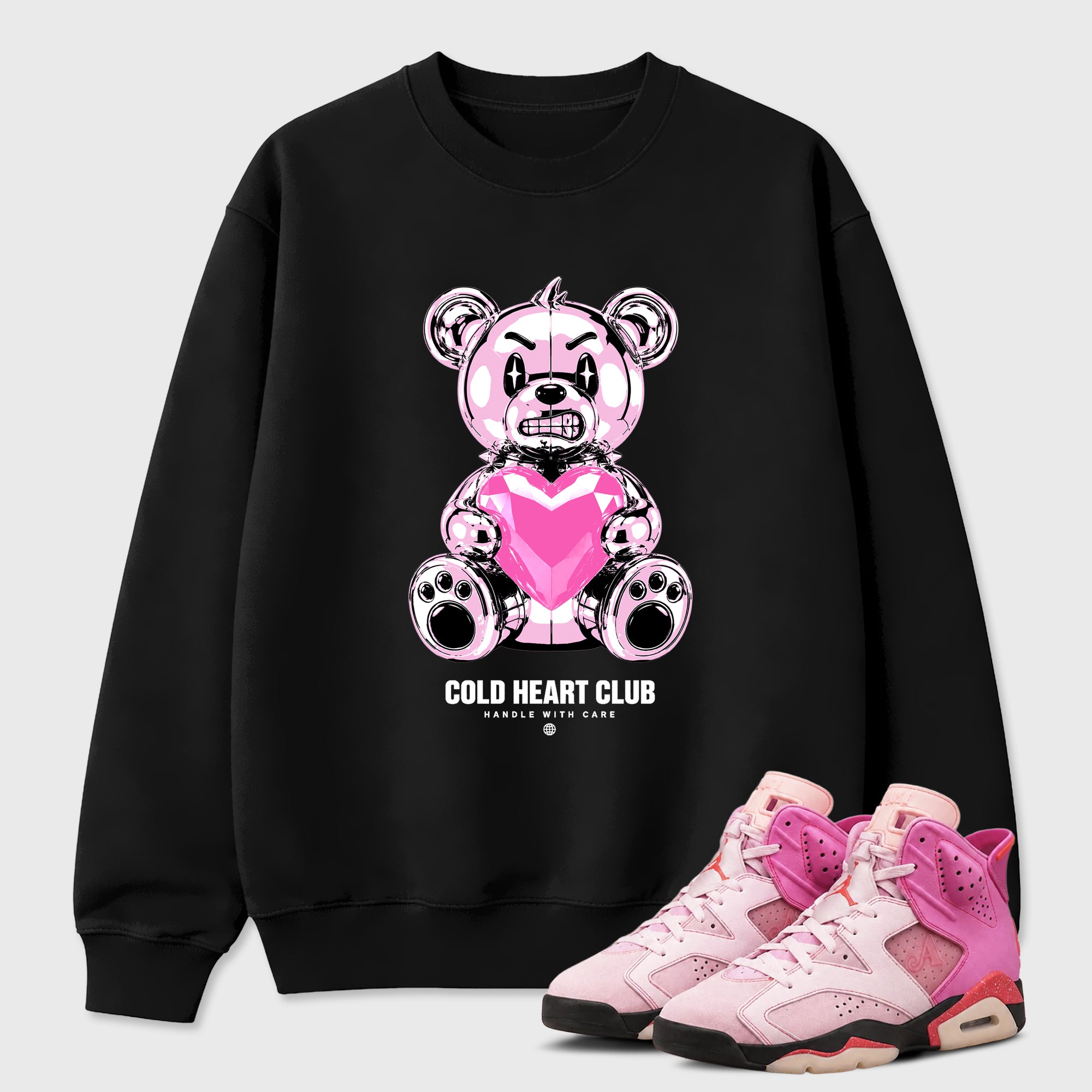 Cold Heart Club Bear Graphic T-Shirt featuring original streetwear artwork designed to match the Air Jordan 6 Playful Pink. Black 1 Graphic Tee.