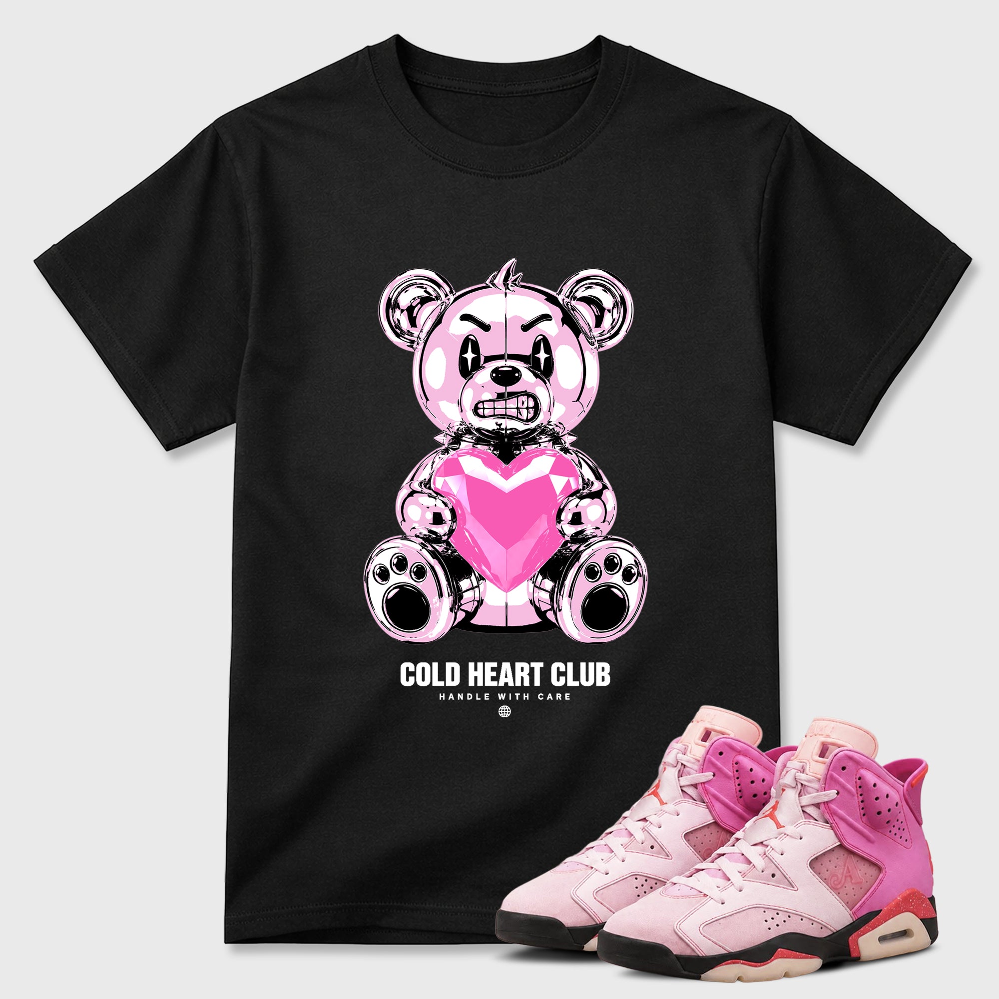 Cold Heart Club Bear Graphic T-Shirt featuring original streetwear artwork designed to match the Air Jordan 6 Playful Pink. Black 1 Graphic T-Shirt.