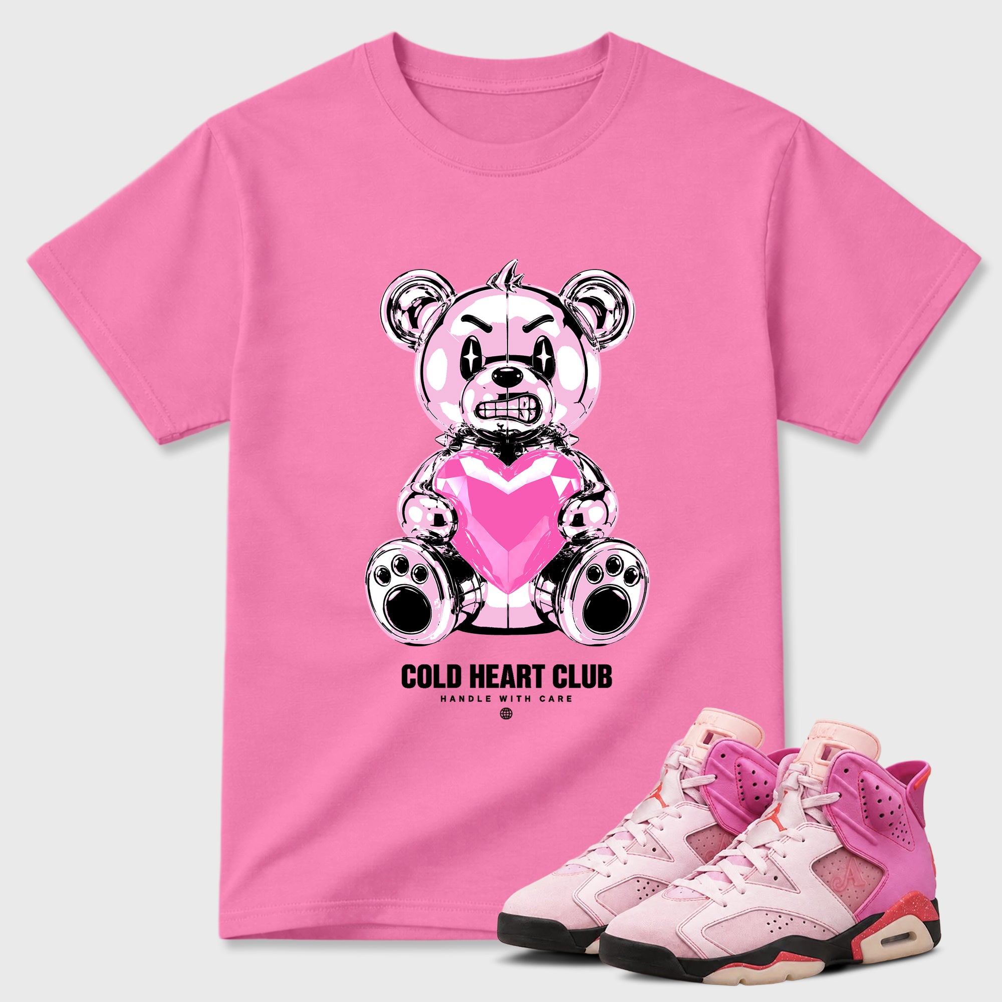Cold Heart Club Bear Graphic T-Shirt featuring original streetwear artwork designed to match the Air Jordan 6 Playful Pink. Bubble Gum 1 Graphic T-Shirt.