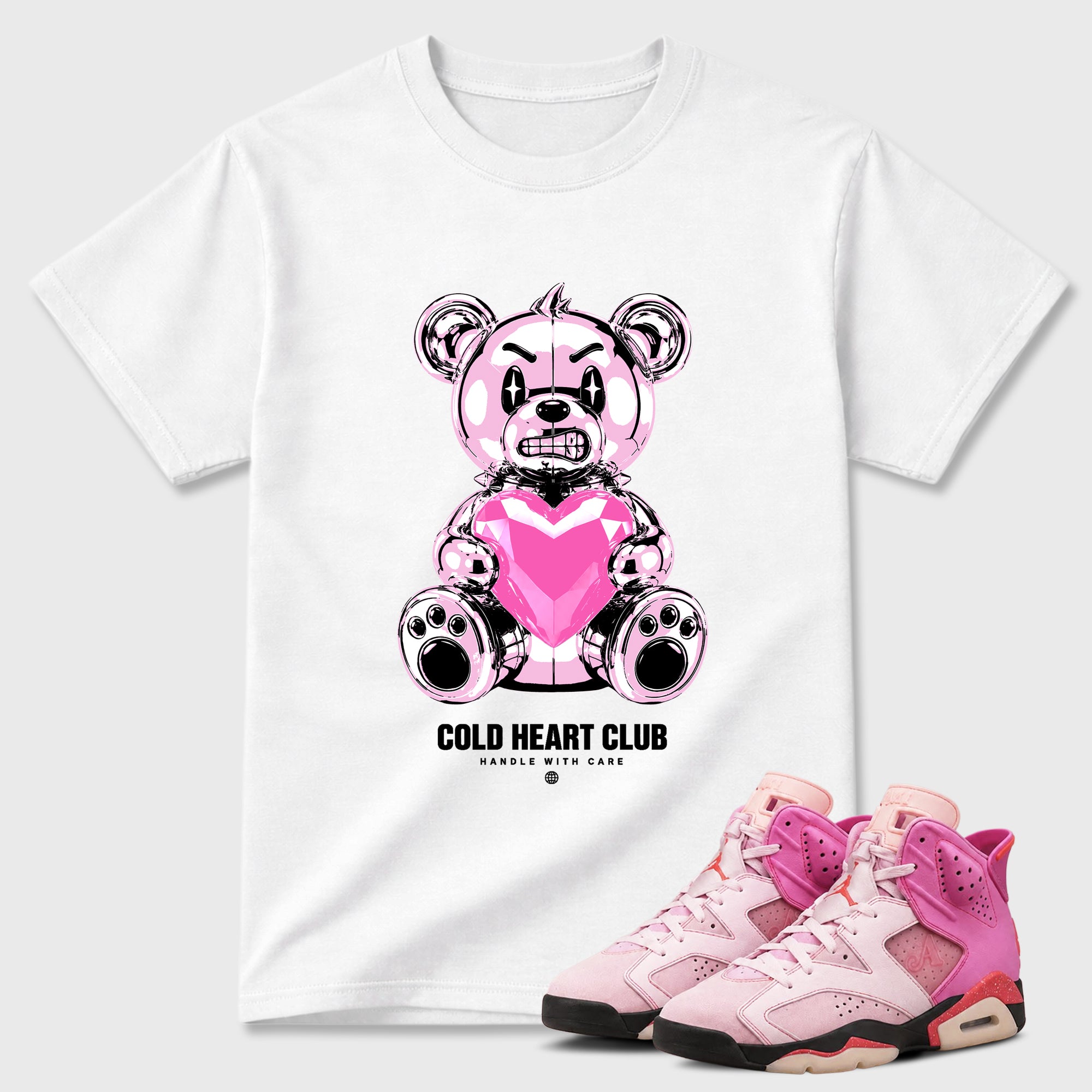 Cold Heart Club Bear Graphic T-Shirt featuring original streetwear artwork designed to match the Air Jordan 6 Playful Pink. White 1 Graphic T-Shirt.
