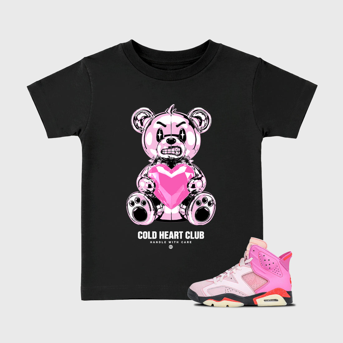 Cold Heart Club Bear Baby & Kids Graphic T-Shirt featuring original artwork designed to match the Air Jordan 6 Playful Pink. Black 1 Kids Graphic Tee.