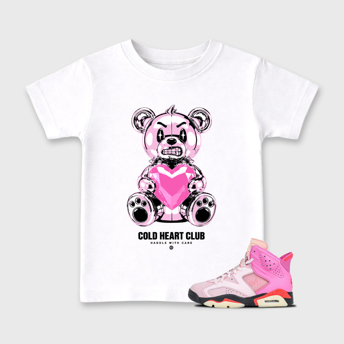 Cold Heart Club Bear Baby & Kids Graphic T-Shirt featuring original artwork designed to match the Air Jordan 6 Playful Pink. White 1 Kids Graphic Tee.