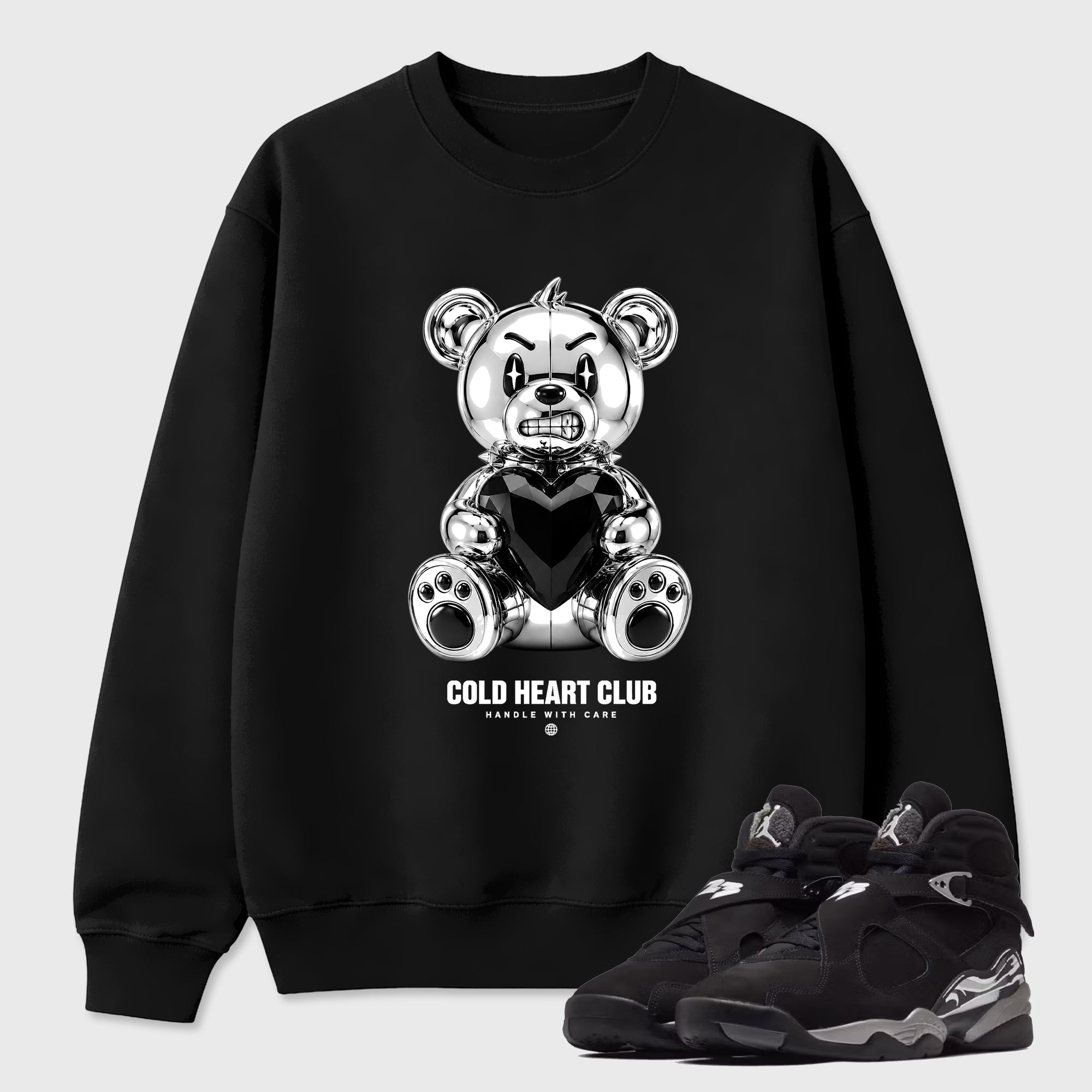 Cold Heart Club Bear Graphic T-Shirt featuring original streetwear artwork designed to match the Air Jordan 8 Chrome. Black 1 Graphic Tee.