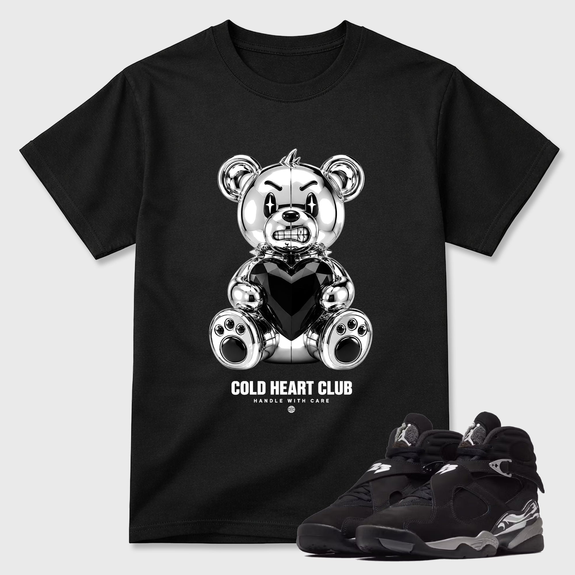 Cold Heart Club Bear Graphic T-Shirt featuring original streetwear artwork designed to match the Air Jordan 8 Chrome. Black 1 Graphic T-Shirt.