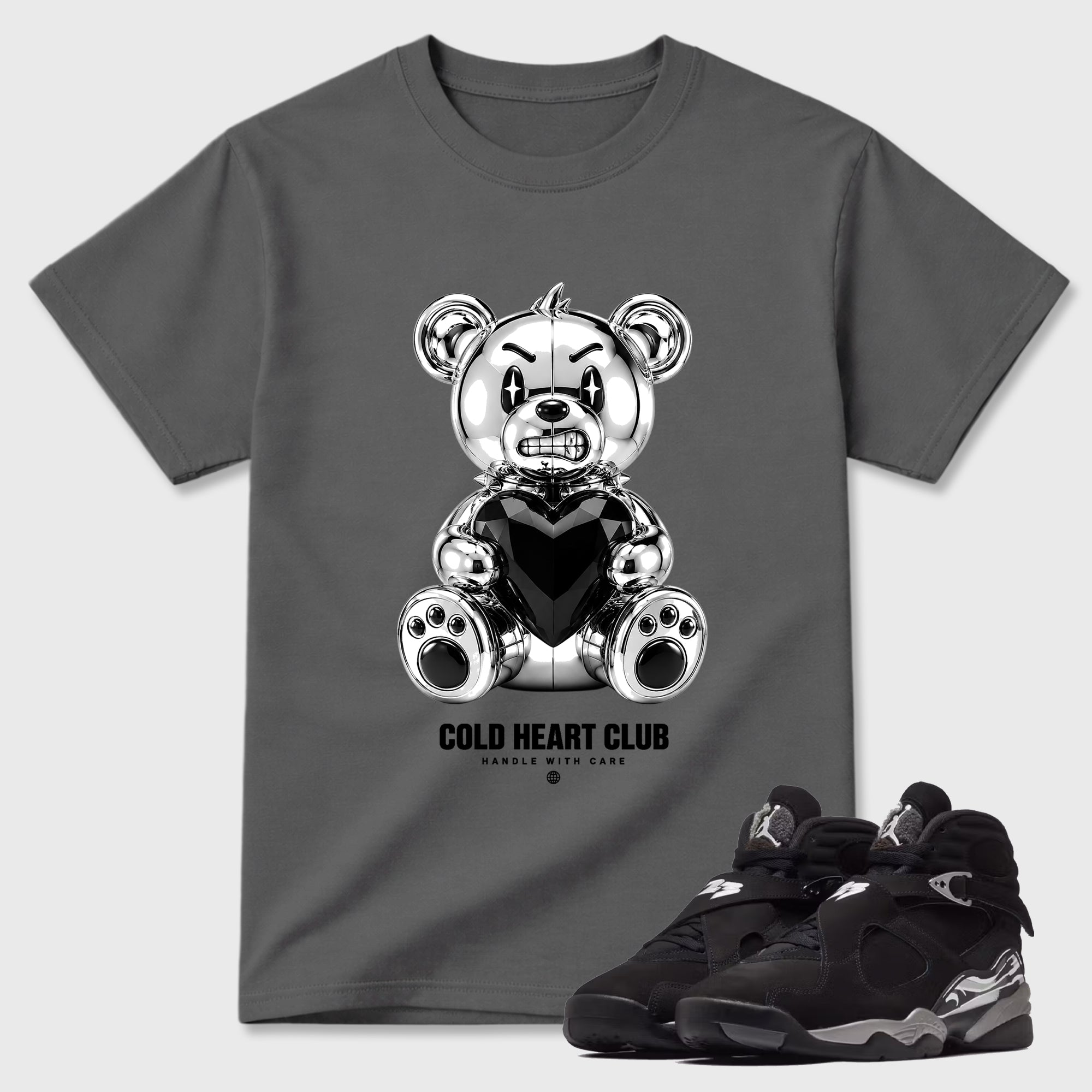 Cold Heart Club Bear Graphic T-Shirt featuring original streetwear artwork designed to match the Air Jordan 8 Chrome. Cool Grey 1 Graphic T-Shirt.