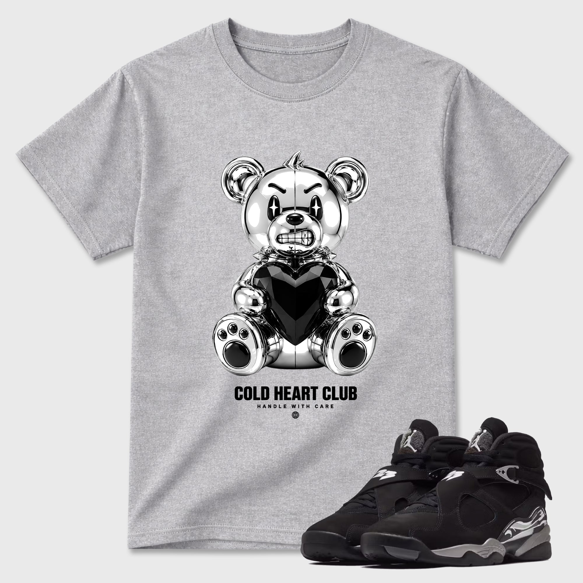 Cold Heart Club Bear Graphic T-Shirt featuring original streetwear artwork designed to match the Air Jordan 8 Chrome. Heather Grey 1 Graphic T-Shirt.