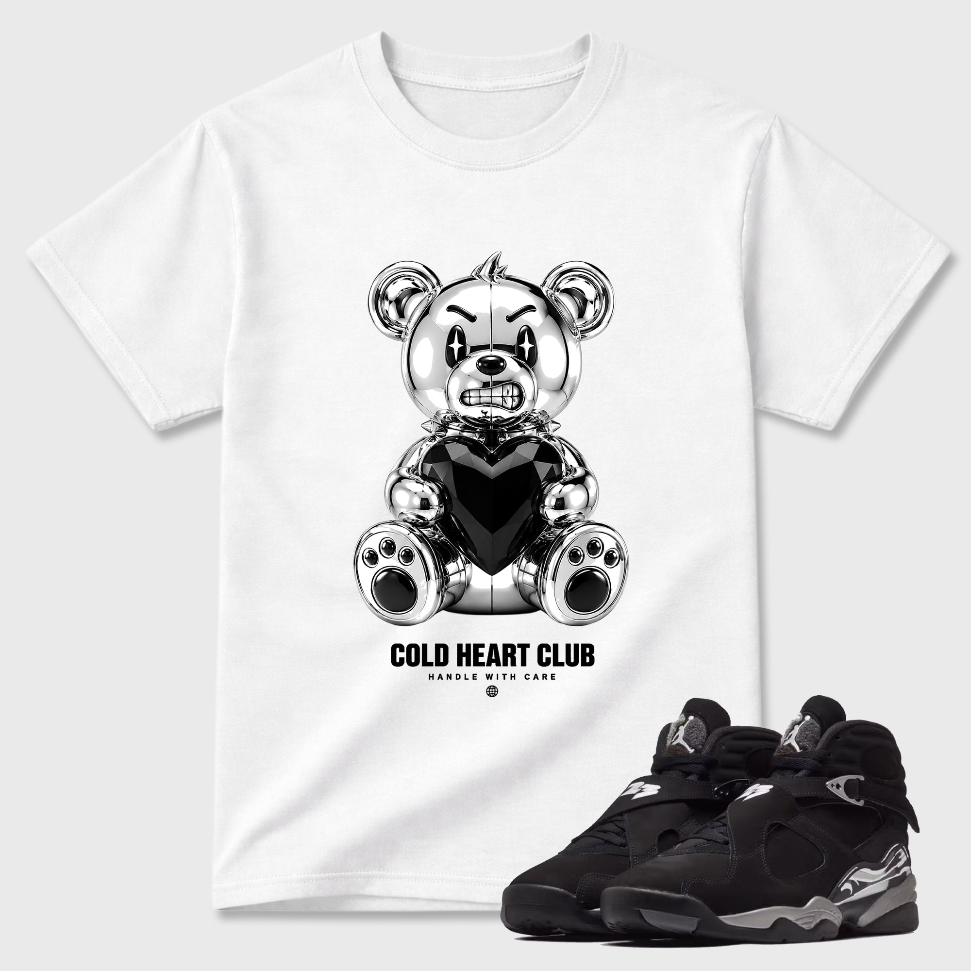 Cold Heart Club Bear Graphic T-Shirt featuring original streetwear artwork designed to match the Air Jordan 8 Chrome. White 1 Graphic T-Shirt.