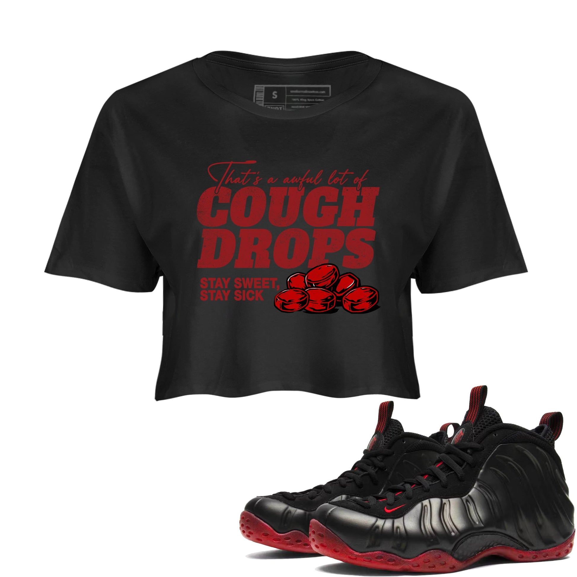 Sneaker match tees – Sneaker Tees To Match Air Foamposite Cough Drop Shoes – Cough Drops Crop T-Shirt Black 1