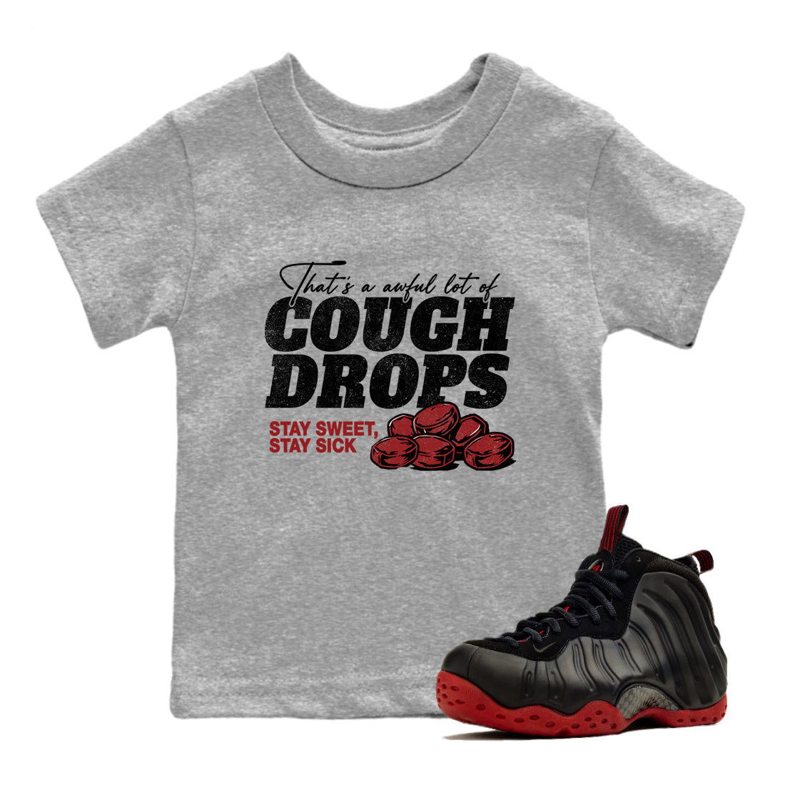 Sneaker match tees – Sneaker Tees To Match Air Foamposite Cough Drop Shoes – Cough Drops Kids T-Shirt Heather Grey 1