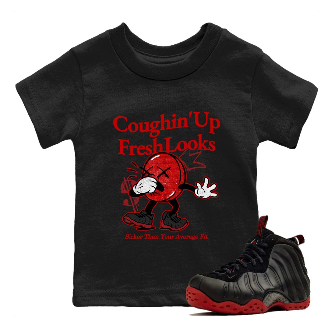 Sneaker match tees – Sneaker Tees To Match Air Foamposite Cough Drop Shoes – Coughin Up Fresh Looks Kids T-Shirt Black 1