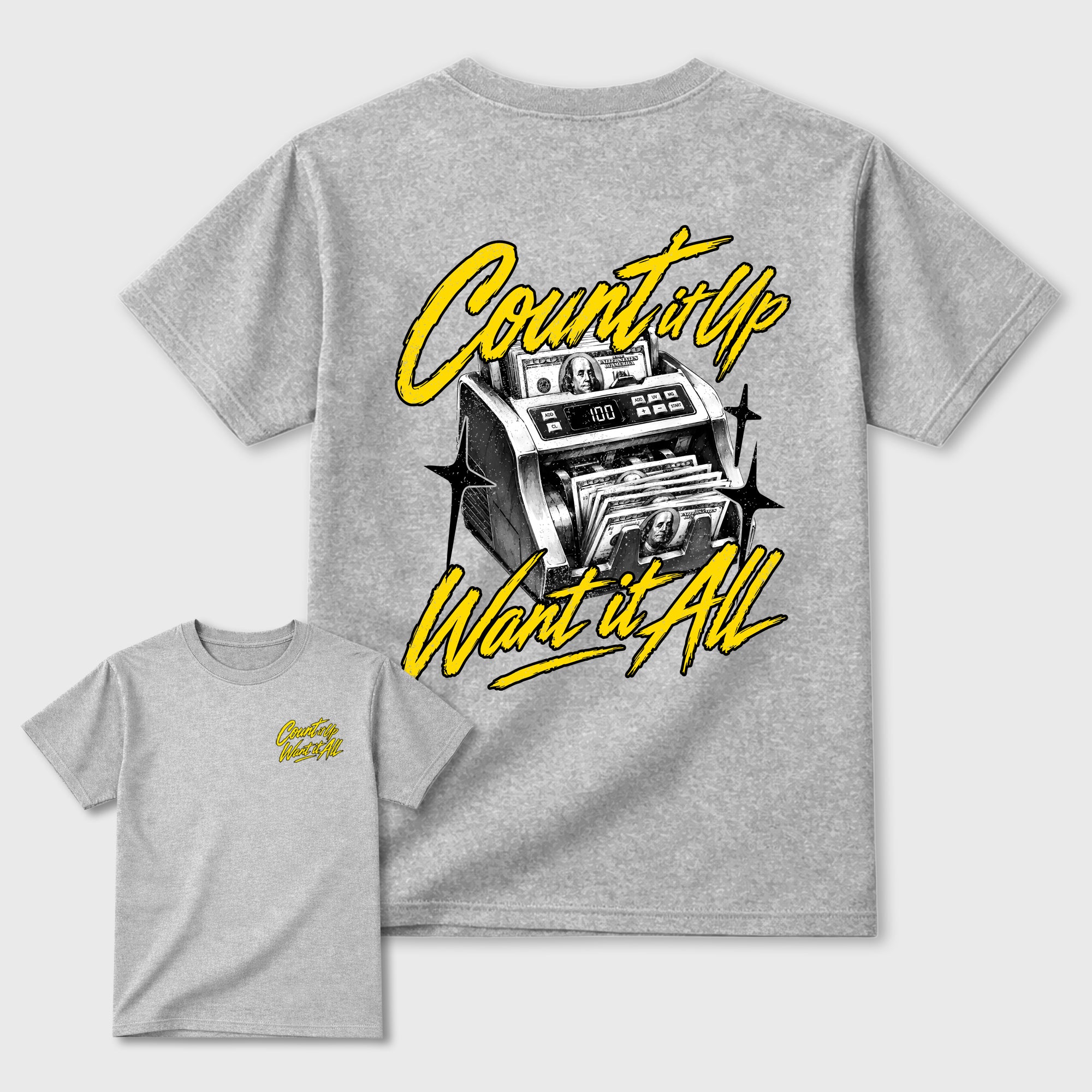 Count It Up Graphic T-Shirt featuring original streetwear artwork designed to complement the bold Tour Yellow and Dark Blue Grey accents of the Air Jordan 4 Tour Yellow. Heather Grey Graphic T-Shirt.