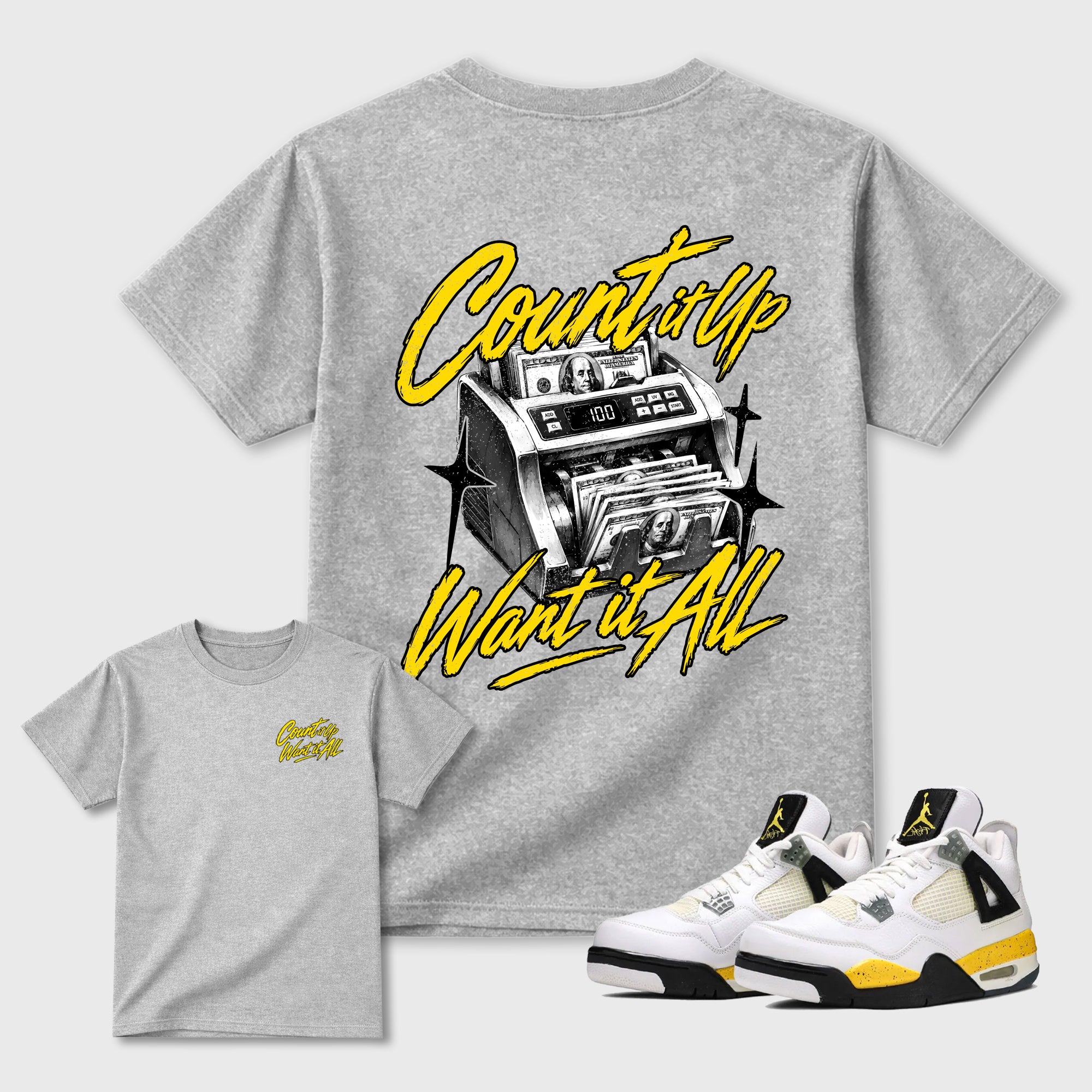 Count It Up Graphic T-Shirt featuring original streetwear artwork designed to complement the bold Tour Yellow and Dark Blue Grey accents of the Air Jordan 4 Tour Yellow. Heather Grey Graphic T-Shirt.