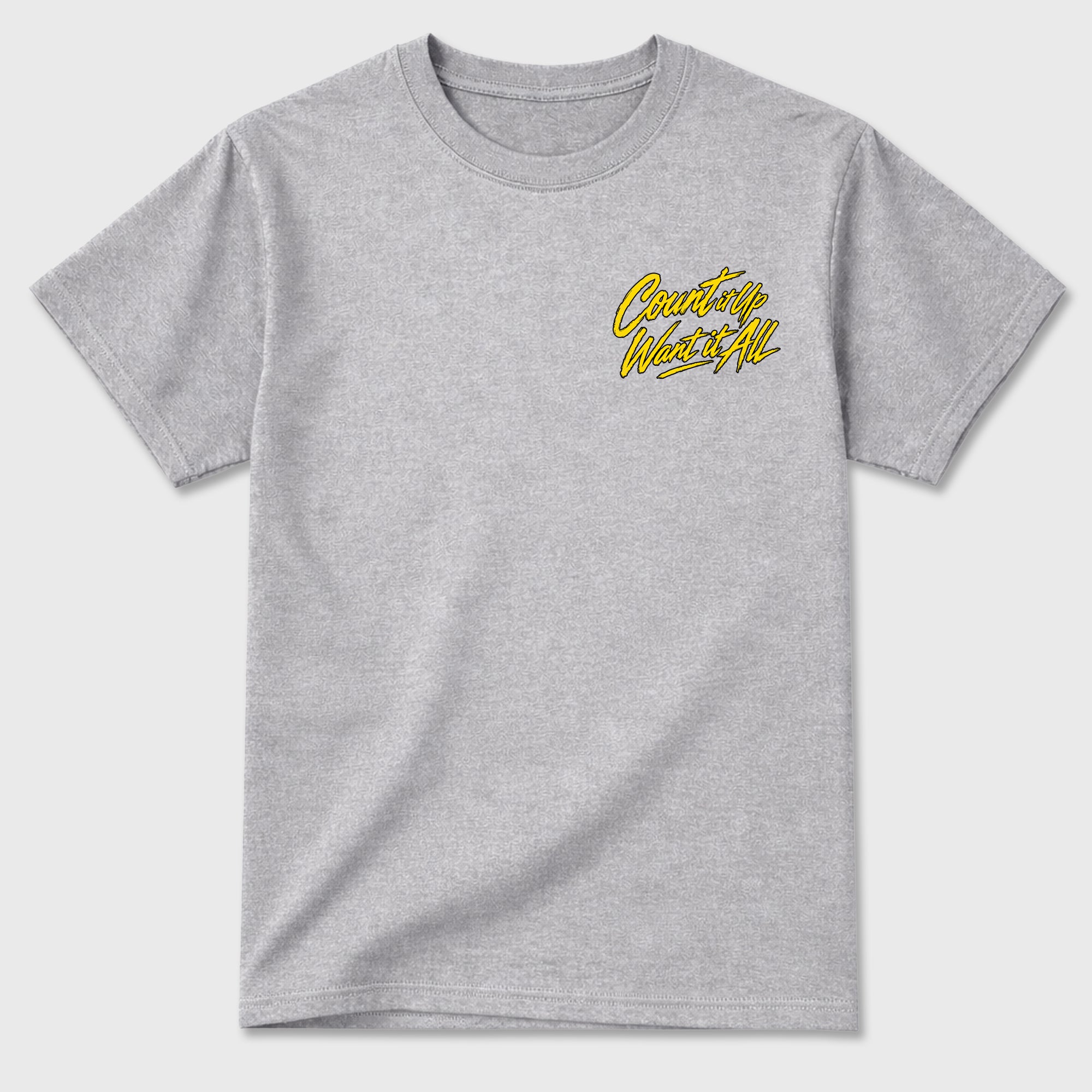 Count It Up Graphic T-Shirt featuring original streetwear artwork designed to complement the bold Tour Yellow and Dark Blue Grey accents of the Air Jordan 4 Tour Yellow. Heather Grey Graphic T-Shirt.