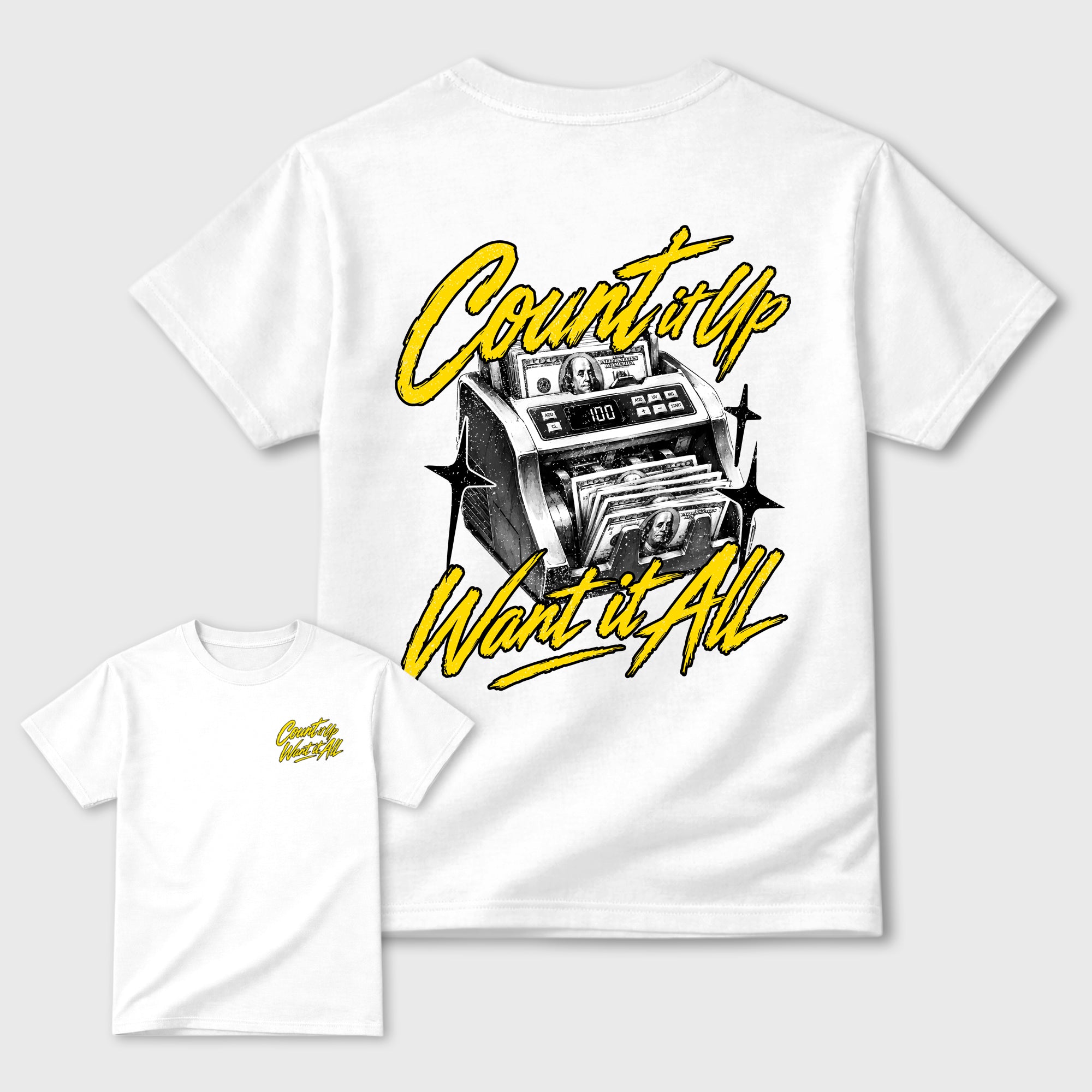 Count It Up Graphic T-Shirt featuring original streetwear artwork designed to complement the bold Tour Yellow and Dark Blue Grey accents of the Air Jordan 4 Tour Yellow.  White Graphic T-Shirt.