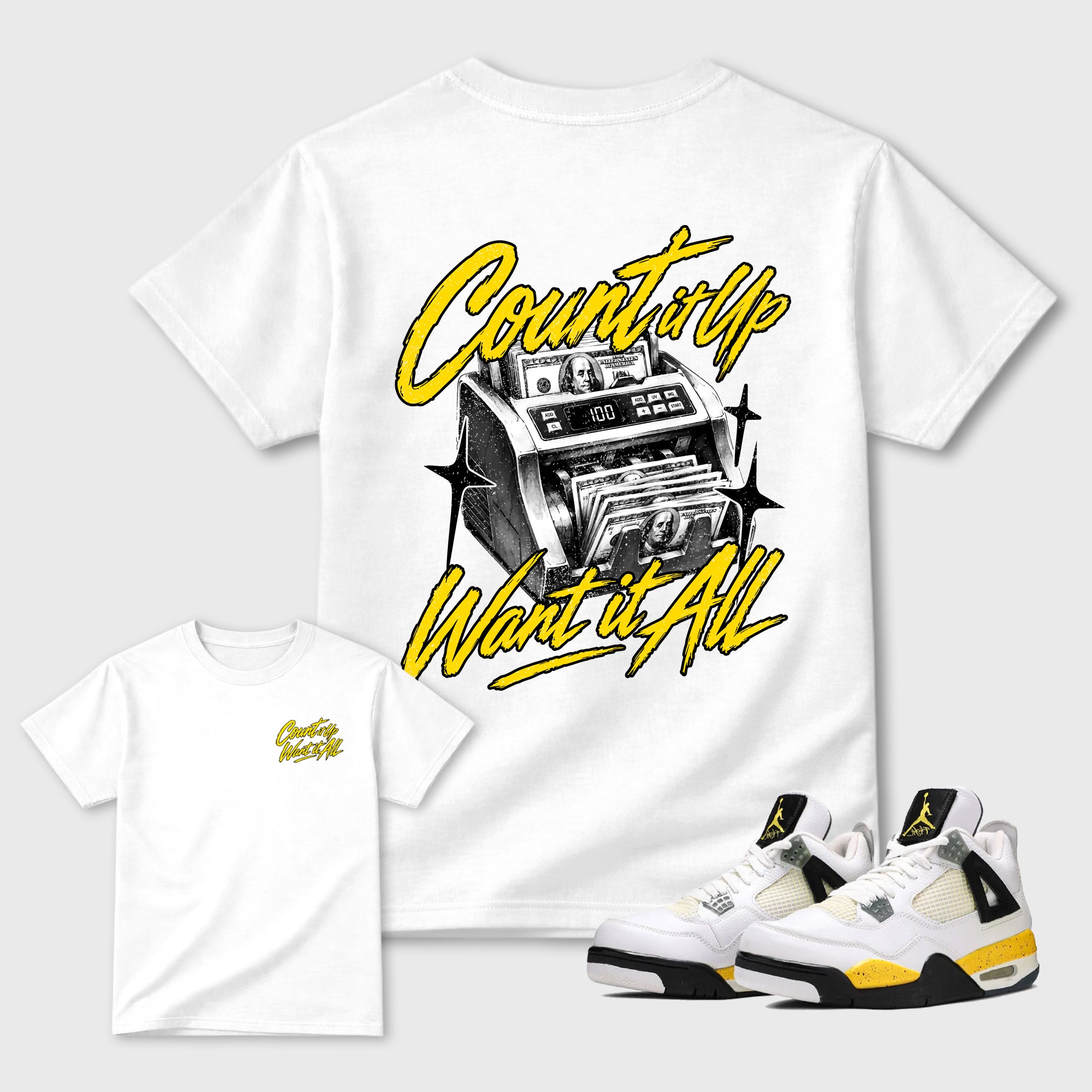Count It Up Graphic T-Shirt featuring original streetwear artwork designed to complement the bold Tour Yellow and Dark Blue Grey accents of the Air Jordan 4 Tour Yellow. White Graphic T-Shirt.