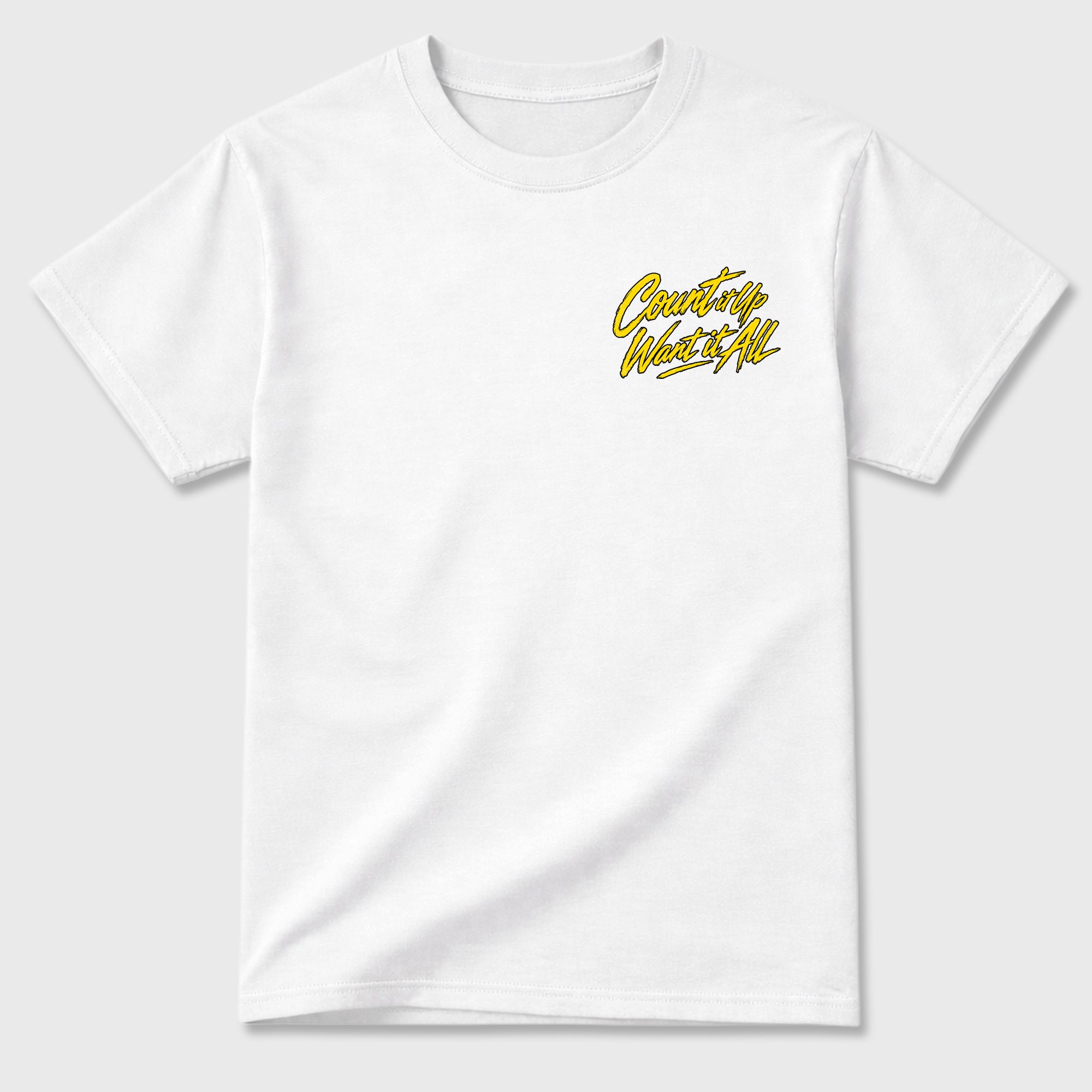 Count It Up Graphic T-Shirt featuring original streetwear artwork designed to complement the bold Tour Yellow and Dark Blue Grey accents of the Air Jordan 4 Tour Yellow. White Graphic T-Shirt.