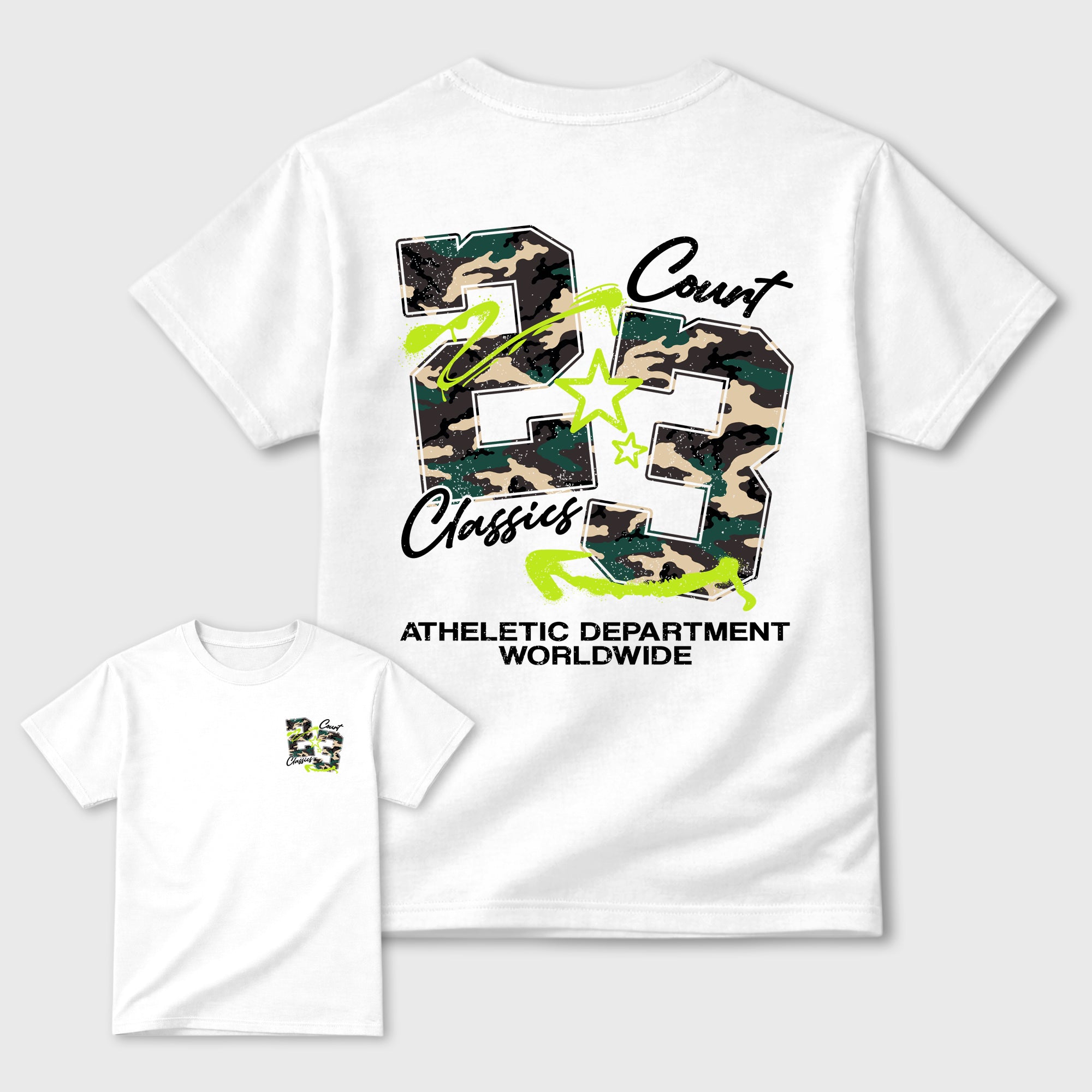 Court Classics Graphic T-Shirt featuring original streetwear artwork designed to match the Air Foamposite Pro Green Camo. White Graphic T-Shirt.