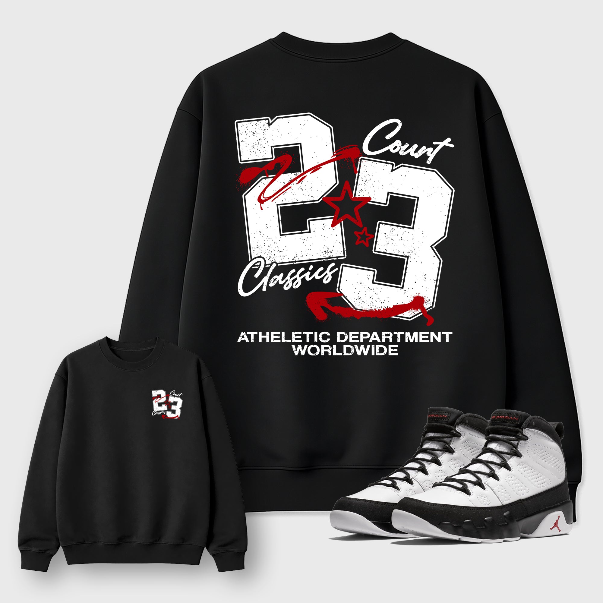 Court Classics Black Graphic Sweatshirt - 1, a sneaker matching sweatshirt designed to coordinate with Air Jordan 9 Retro Space Jam sneakers for a complete sneaker outfit.
