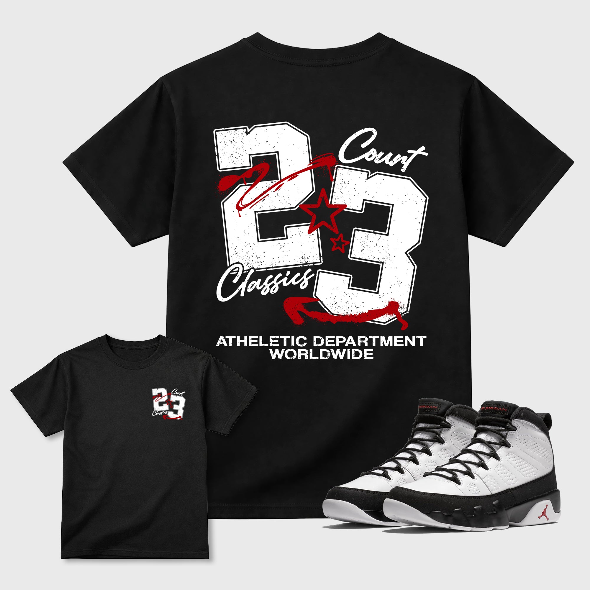 Court Classics Black Graphic T-Shirt - 3, sneaker matching shirt designed to pair with Air Jordan 9 Retro Space Jam sneakers for a coordinated streetwear outfit.