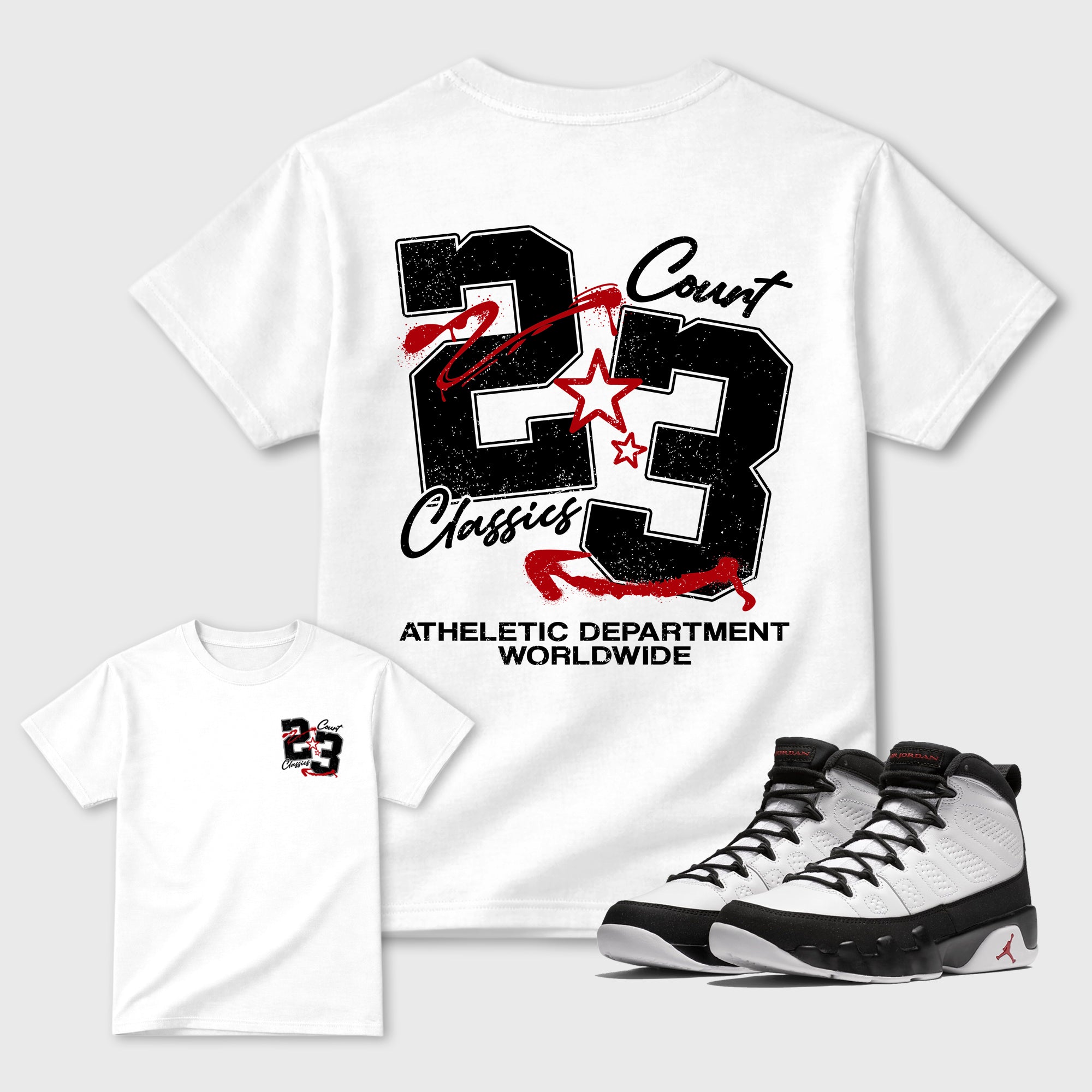 Court Classics White Graphic T-Shirt - 1, sneaker matching tee designed to match Air Jordan 9 Retro Space Jam sneakers for a coordinated sneaker outfit.