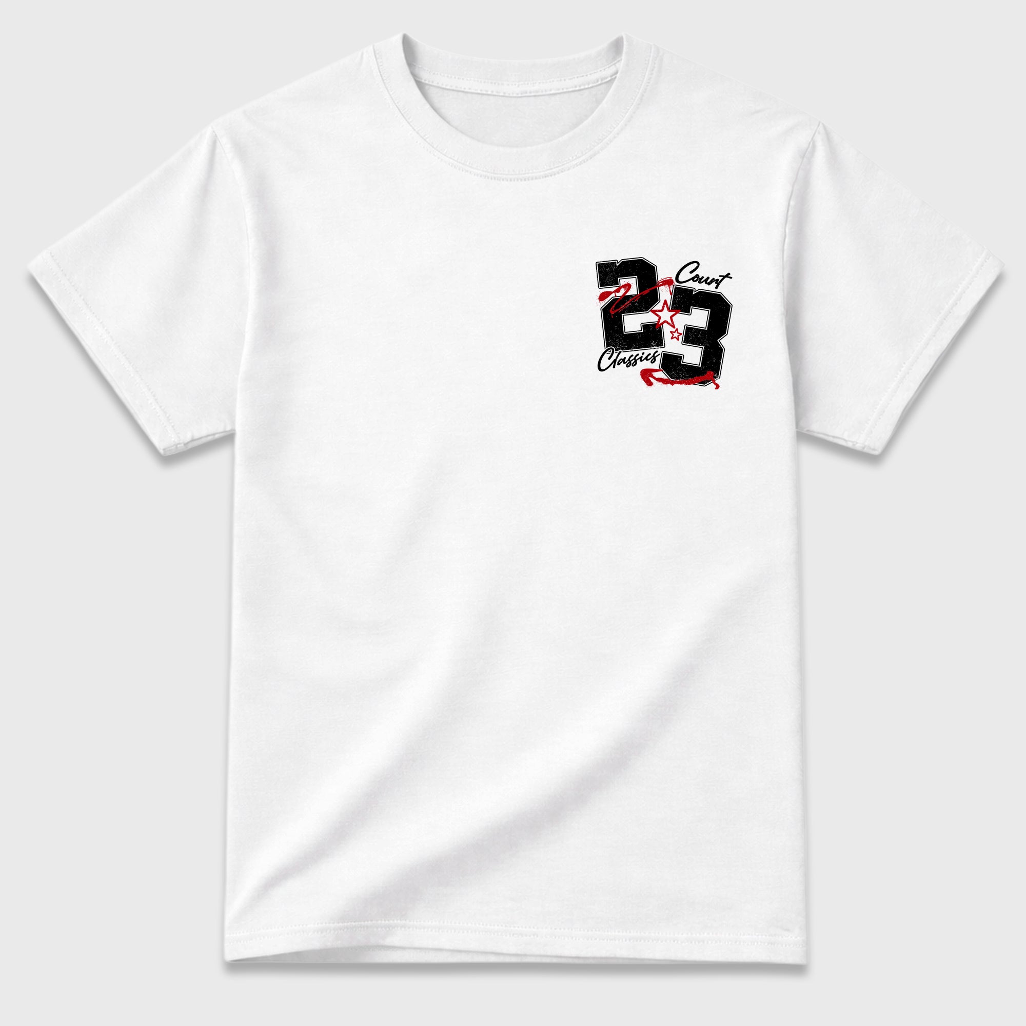 Court Classics White Graphic T-Shirt - 2, sneaker tee made to match Air Jordan 9 Retro Space Jam sneakers with original graphic artwork for a coordinated sneaker outfit.