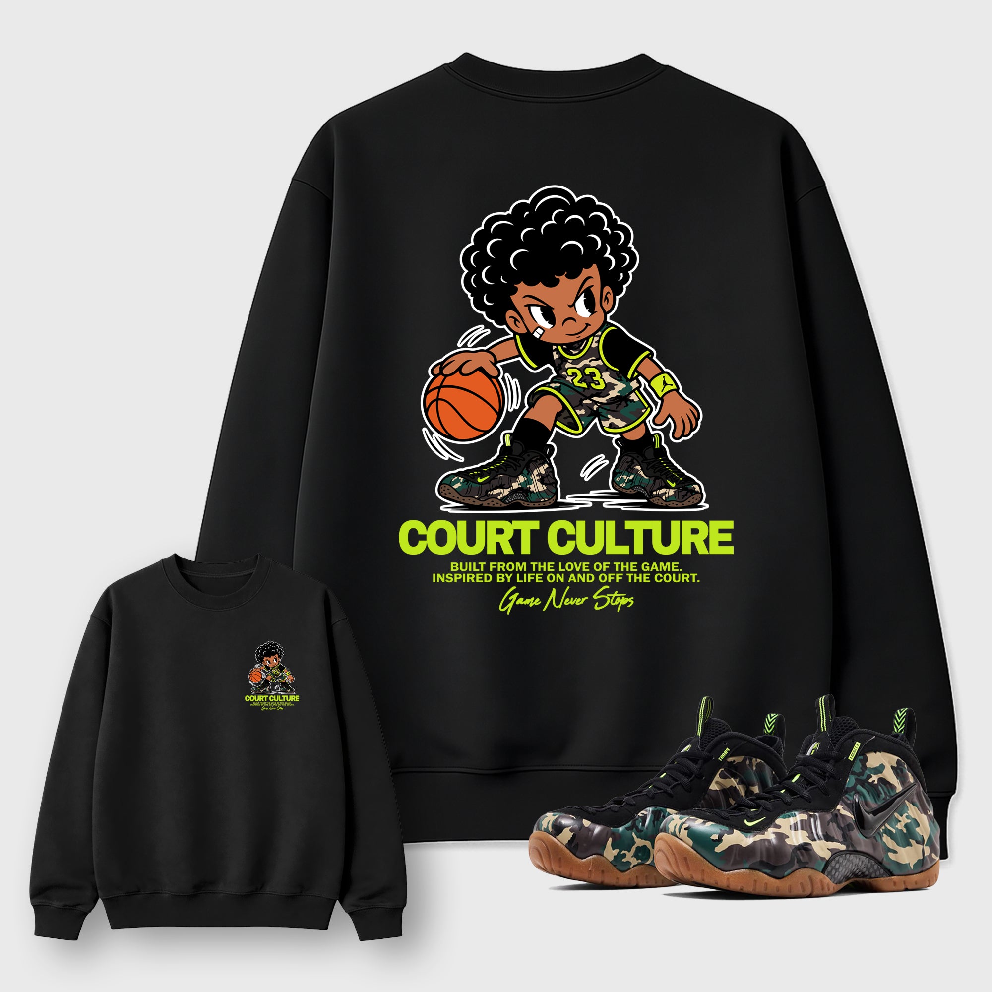 Court Culture Black Graphic Sweatshirt - 1, a sneaker matching sweatshirt designed to coordinate with Air Foamposite Pro Black Multi Color sneakers for a complete sneaker outfit.