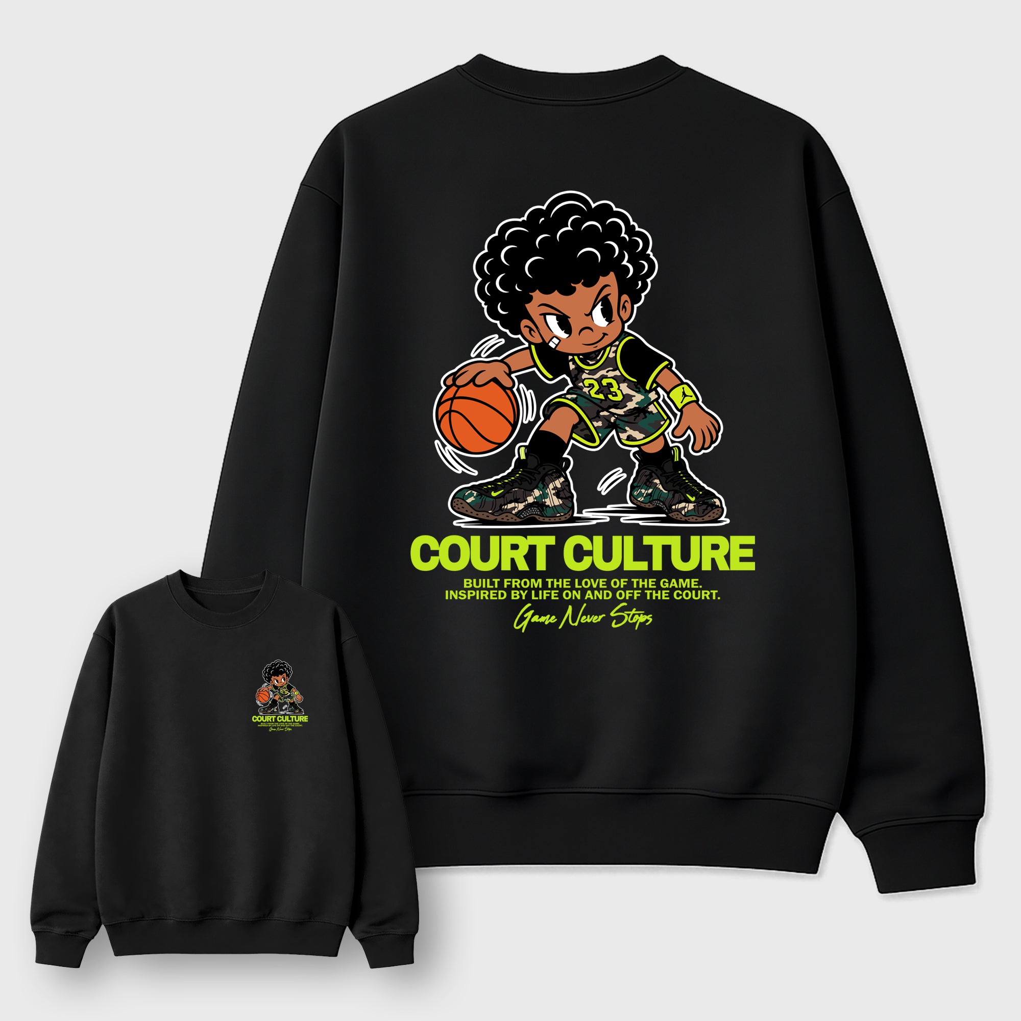 Court Culture Black Graphic Sweatshirt - 1, a sneaker matching sweatshirt designed to coordinate with Air Foamposite Pro Black Multi Color sneakers for a complete sneaker outfit.