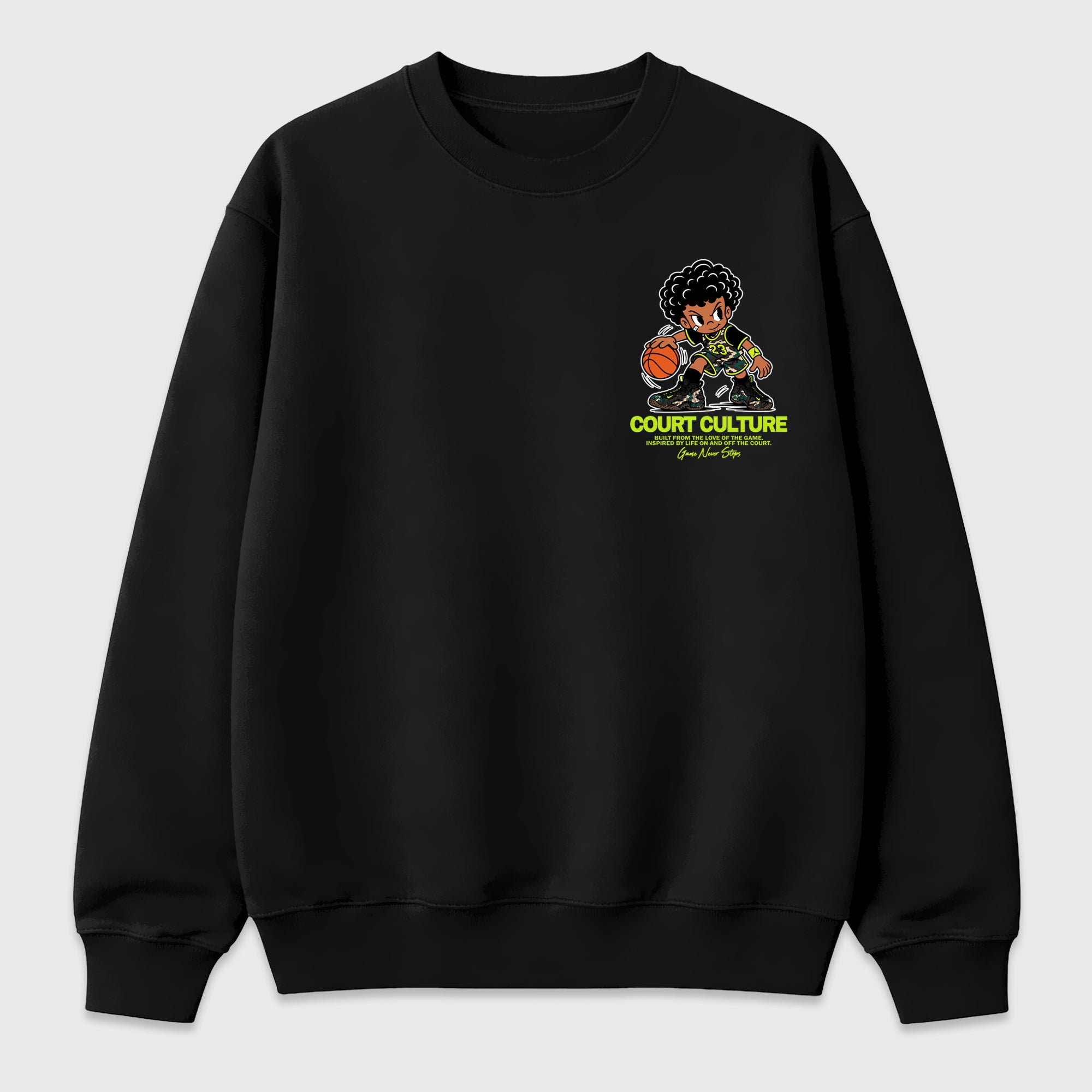 Court Culture Black Graphic Sweatshirt - 2, featuring original SNRT artwork created to pair with Air Foamposite Pro Black Multi Color sneakers and everyday streetwear styling.