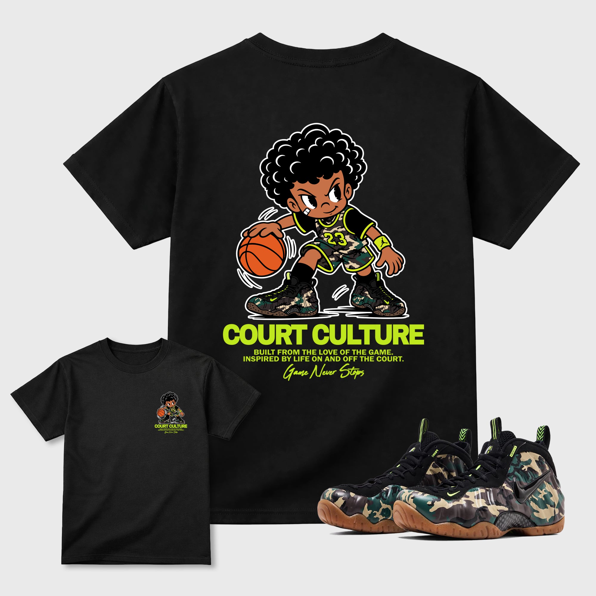 Court Culture Black Graphic T-Shirt - 1, sneaker matching tee designed to match Air Foamposite Pro Black Multi Color sneakers for a coordinated sneaker outfit.